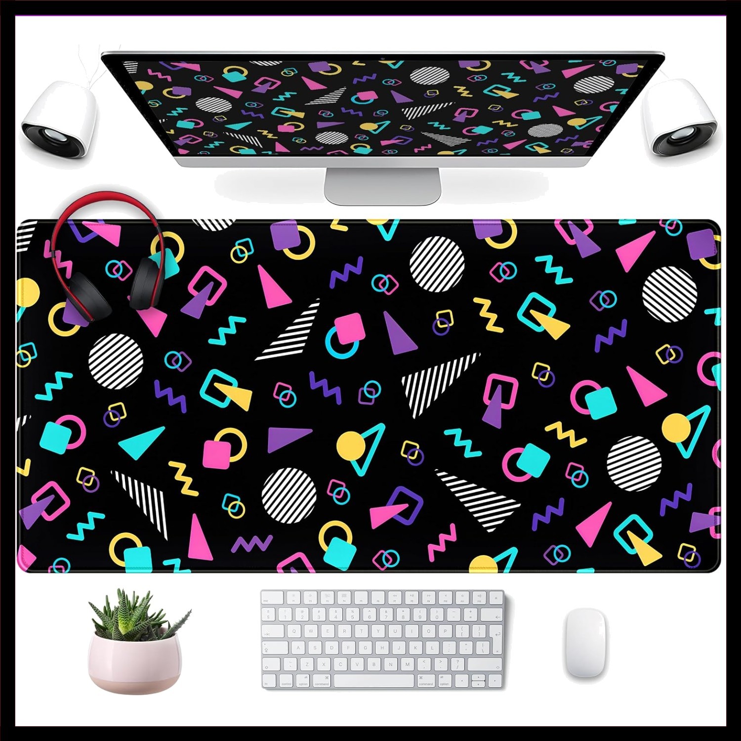 Retro 80s Desk Mat, Cute 90s XXL Large Gaming Mouse Pad, Black Boho Desk Pad ...