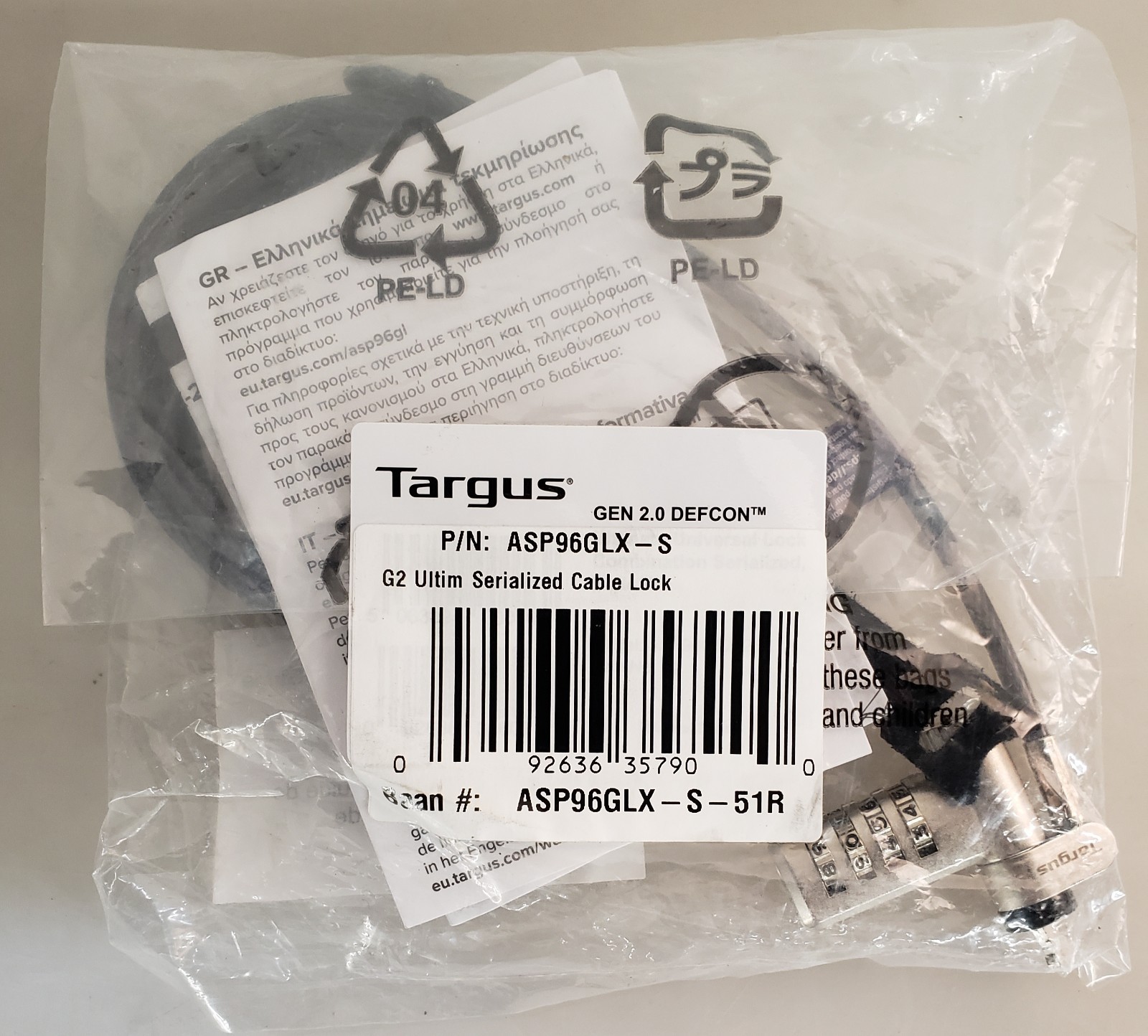 Targus ASP96GLX-S Gen 2.0 Defcon Serialized Combo Lock NEW *SEALED*