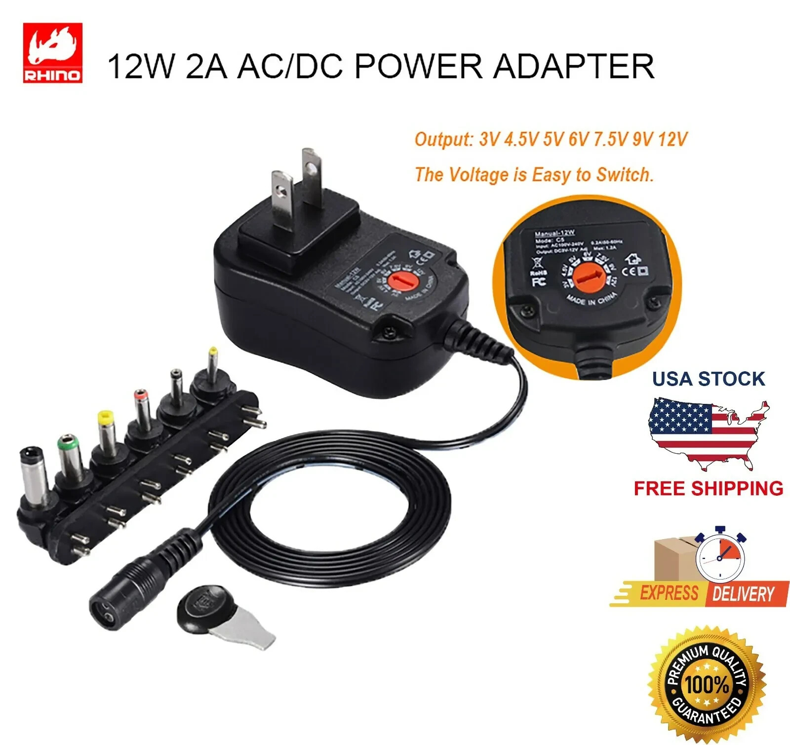 12W UNIVERSAL MULTI VOLTAGE AC/DC ADAPTER W/6 TIPS 3v/4.5v/5v/6v/7.5v/12v