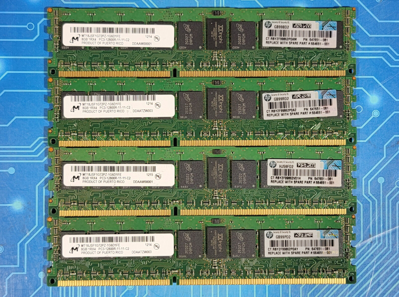 32GB (4x8GB) PC3-12800R DDR3-1600MHz 1Rx4 Reg ECC Micron MT18JSF1G72PZ-1G6D1
