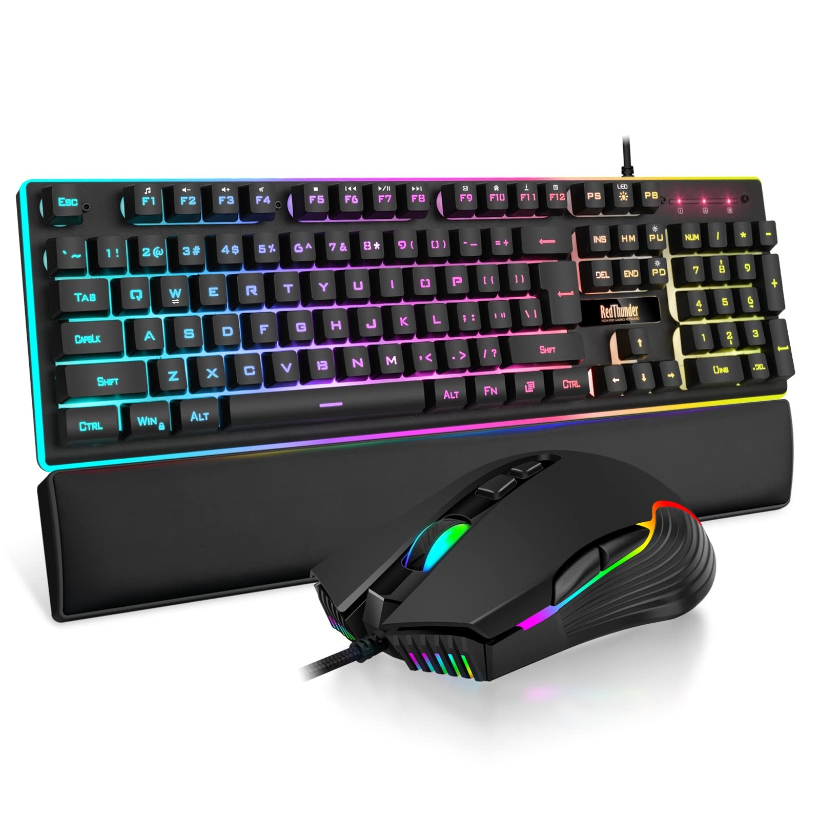 RedThunder K10 Wired Gaming Keyboard Mouse Wrist Rest Combo RGB 7200 DPI Black