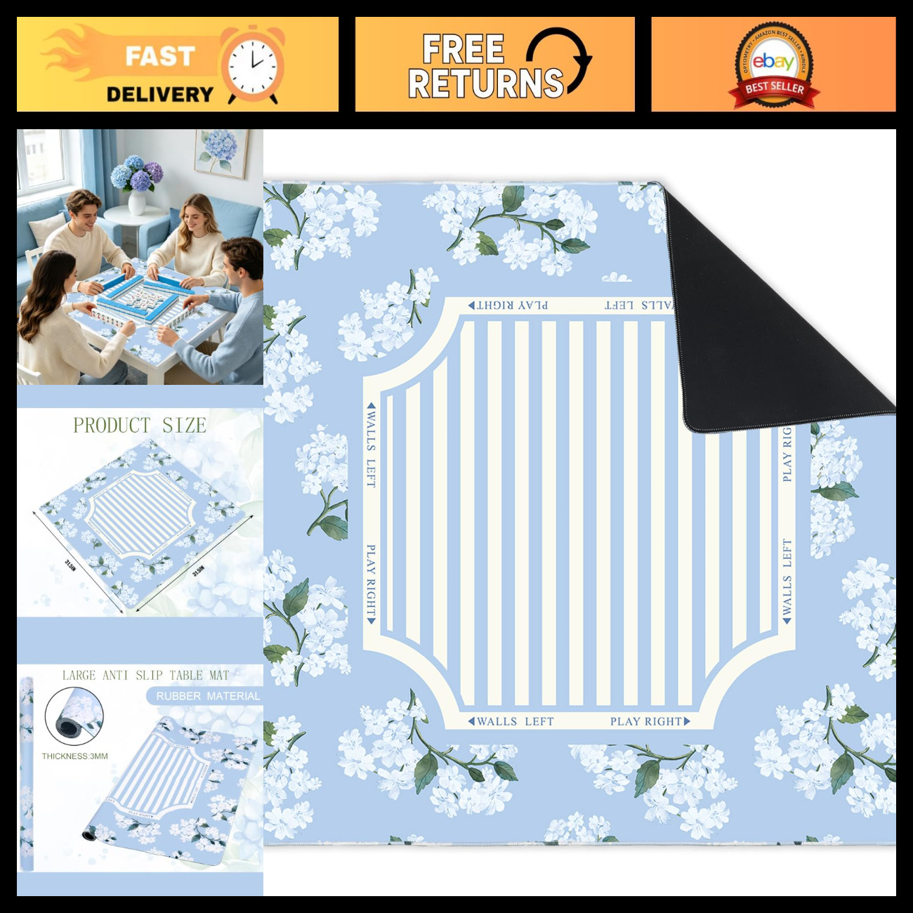 Floral Mahjong Mat 31.5" Non-Slip Waterproof Rubber Gaming Mat for Poker & Board