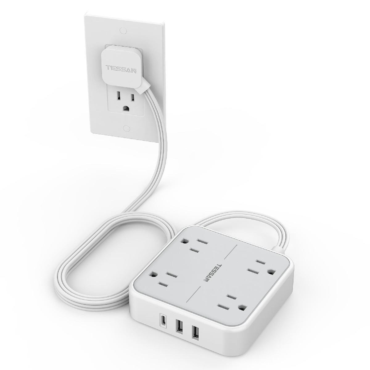 Tessan Surge Protector Flat Extension Cord 5Ft Flat Plug Power Strip 4 Outlets