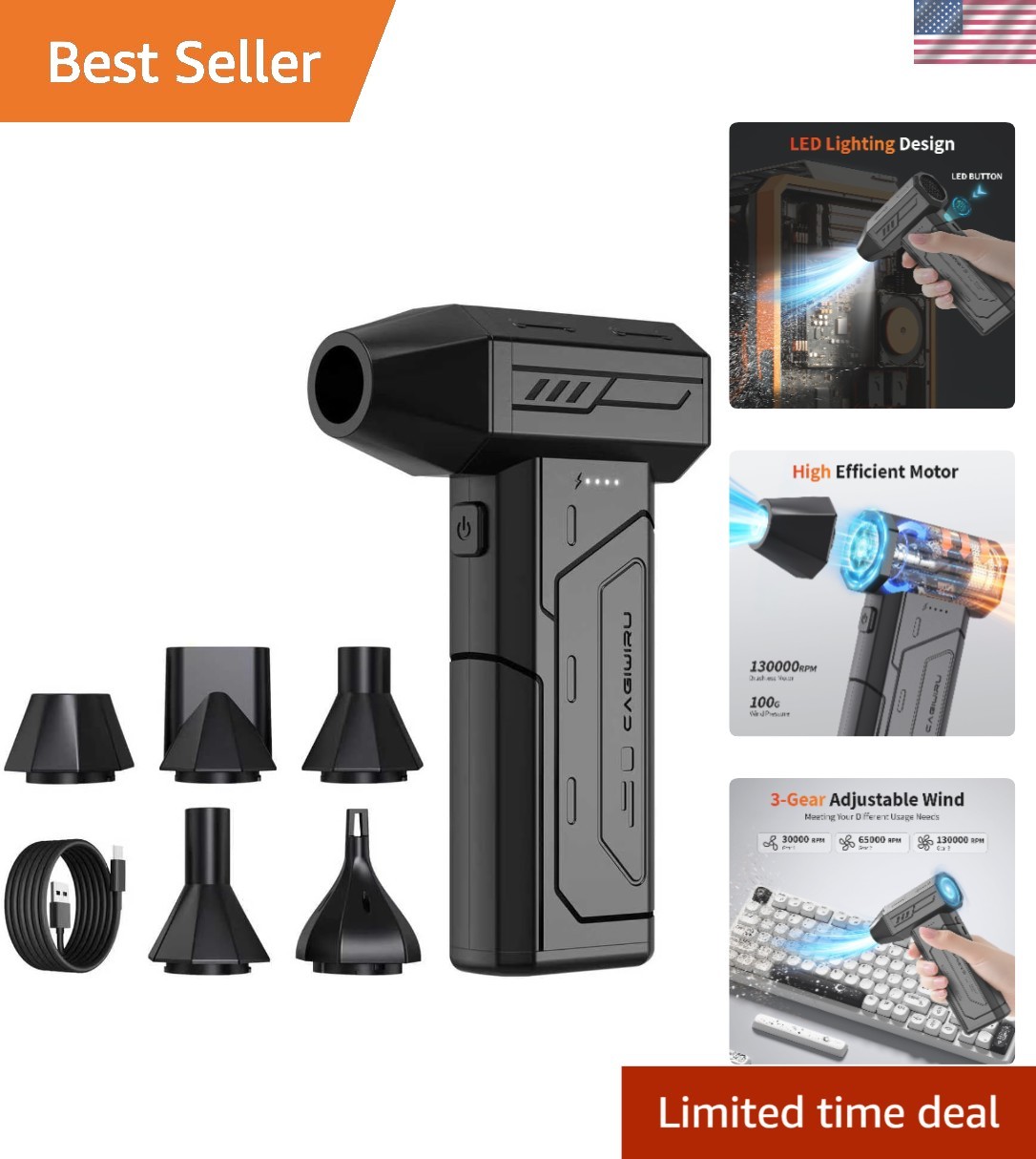 Cordless Air Duster 130,000 RPM with LED Light - Rechargeable & Compact