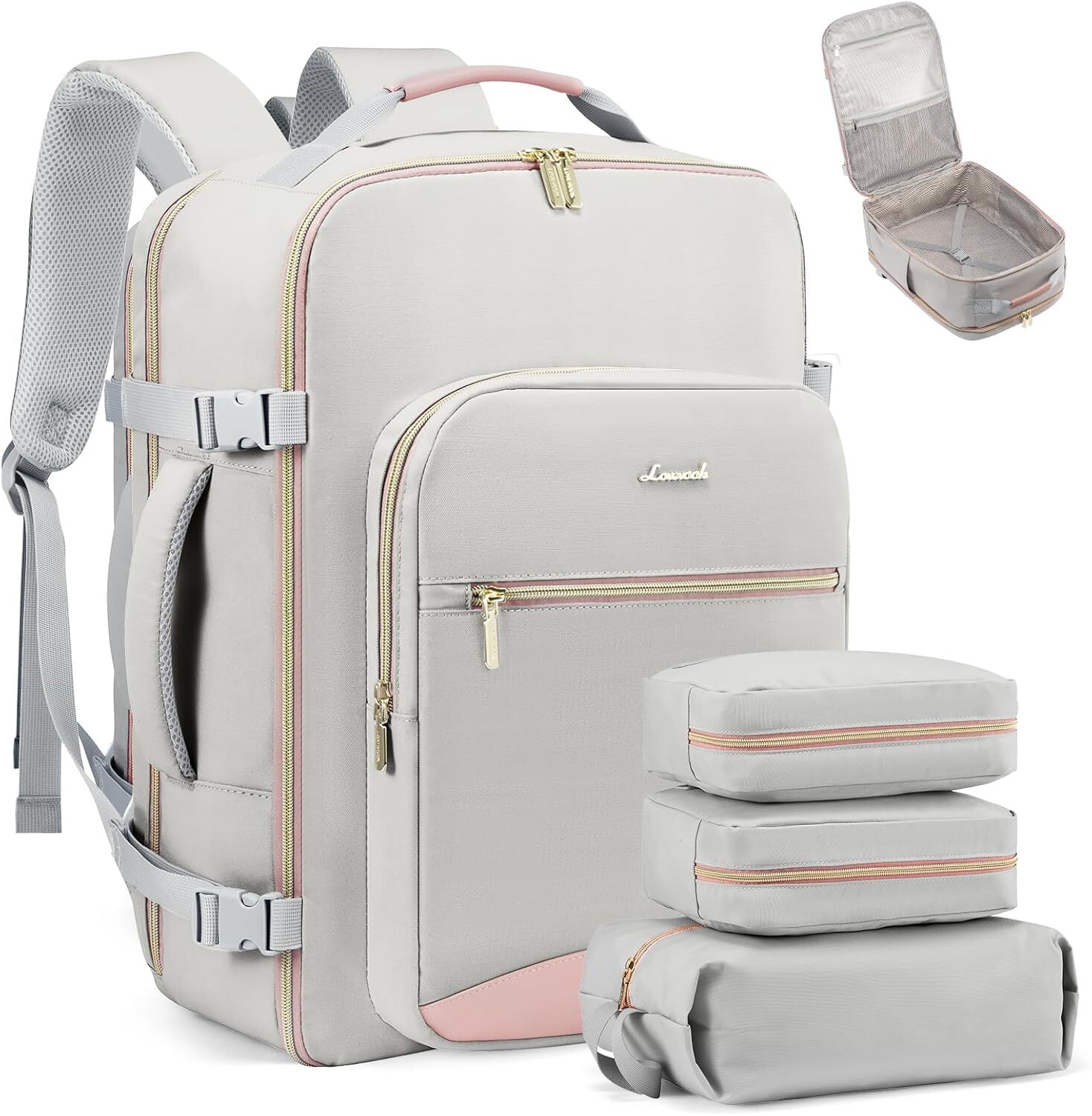 LOVEVOOK Carry on Travel Backpack, 40L Large-40L-4Pcs, A-light Gray-pink 