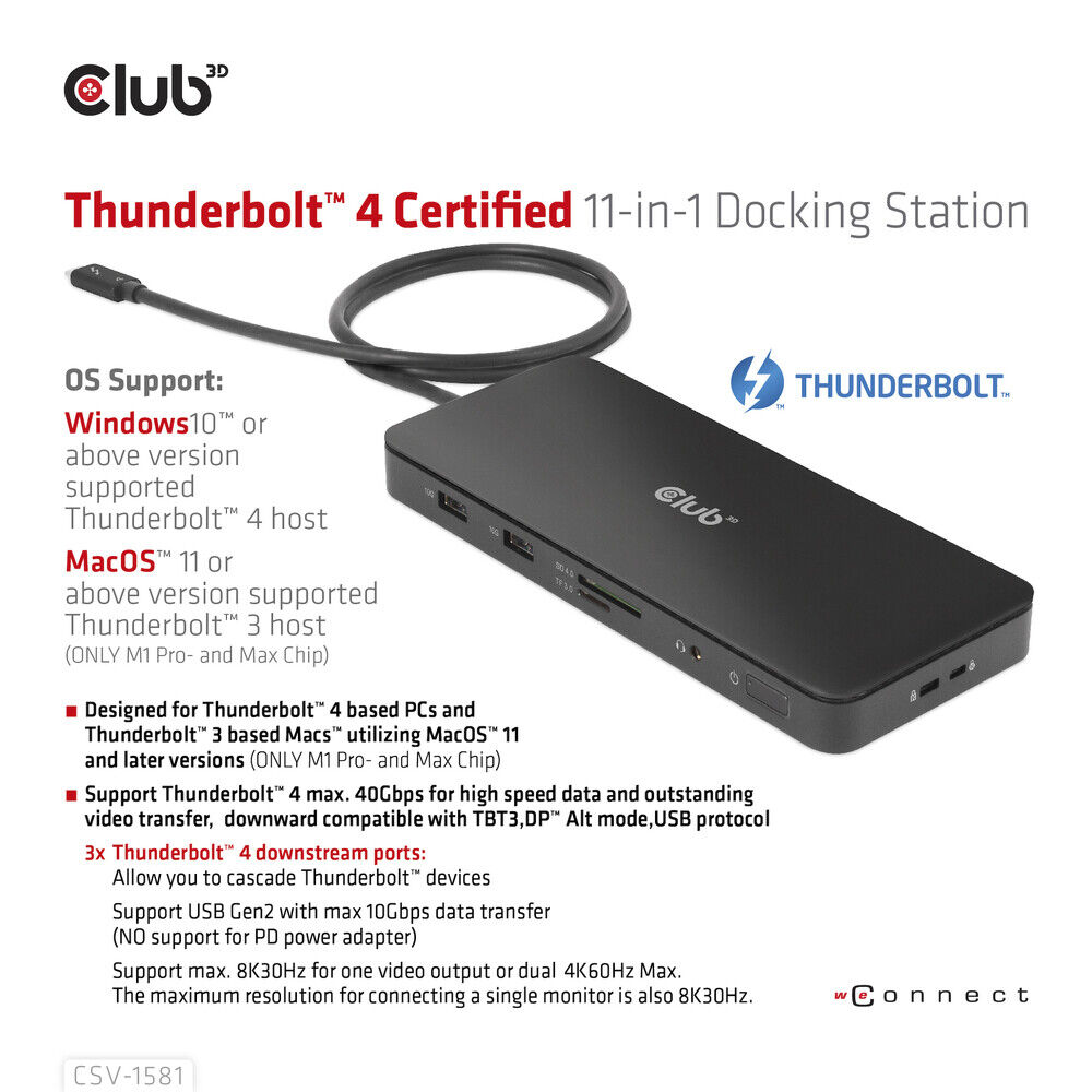 Club 3D CSV-1581 Thunderbolt 4 Dock 11-in-1 40Gb/s 2X4K60Hz