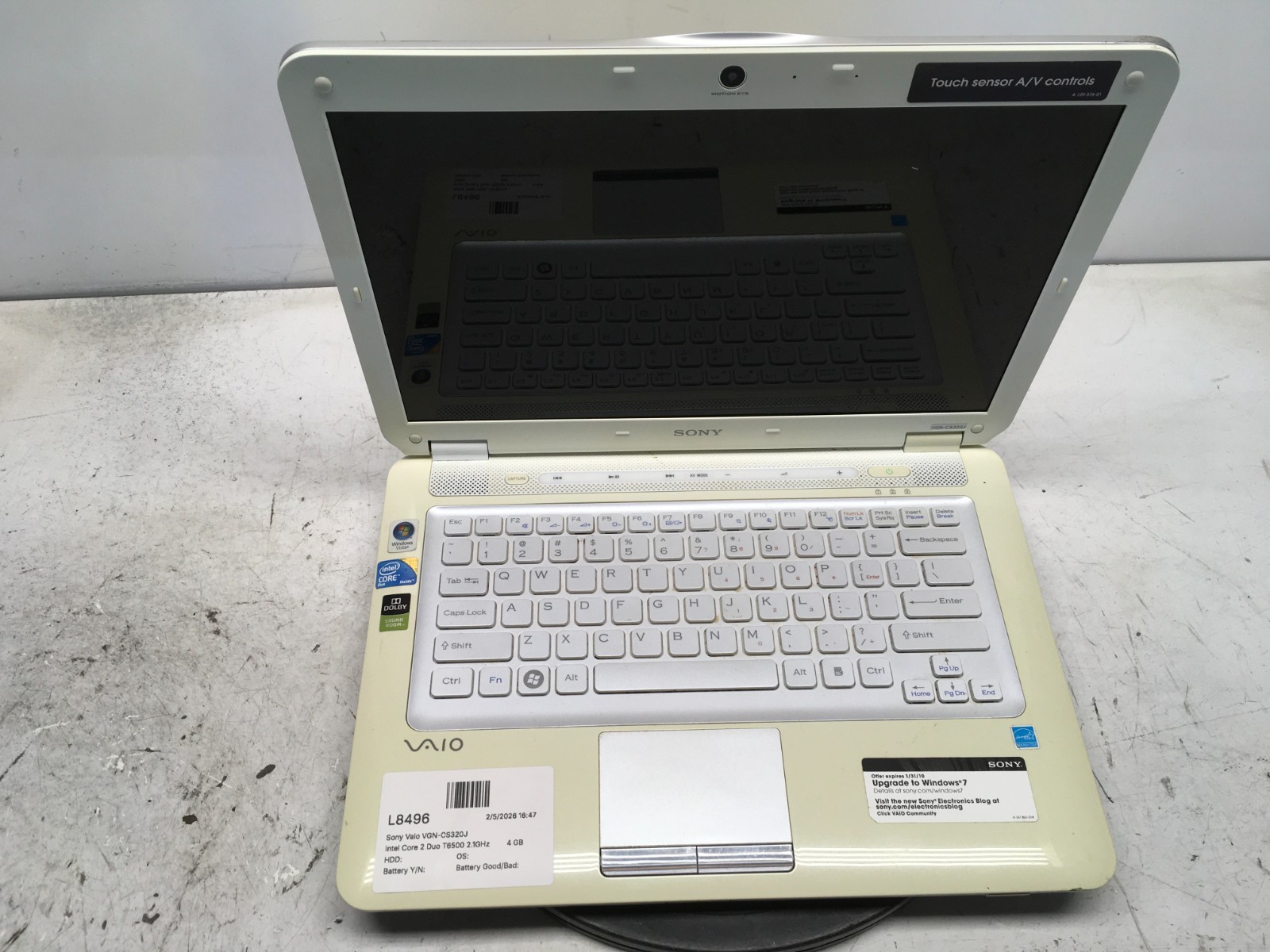 Sony Vaio VGN-CS320J Intel Core 2 Duo T6500 2.1GHz 4 GB NO HDD