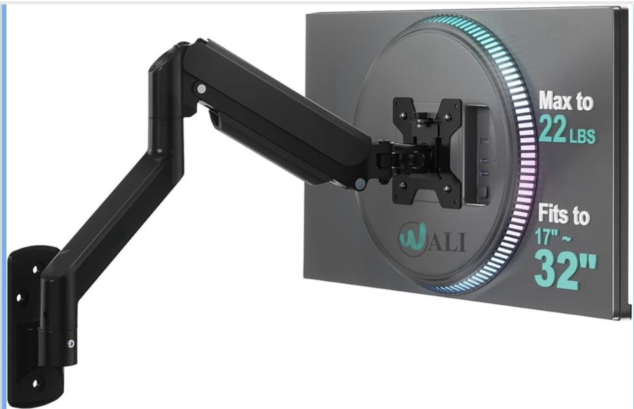 WALI GSWM001 Single Monitor Wall Mount 17-32” VESA Gas Spring Arm