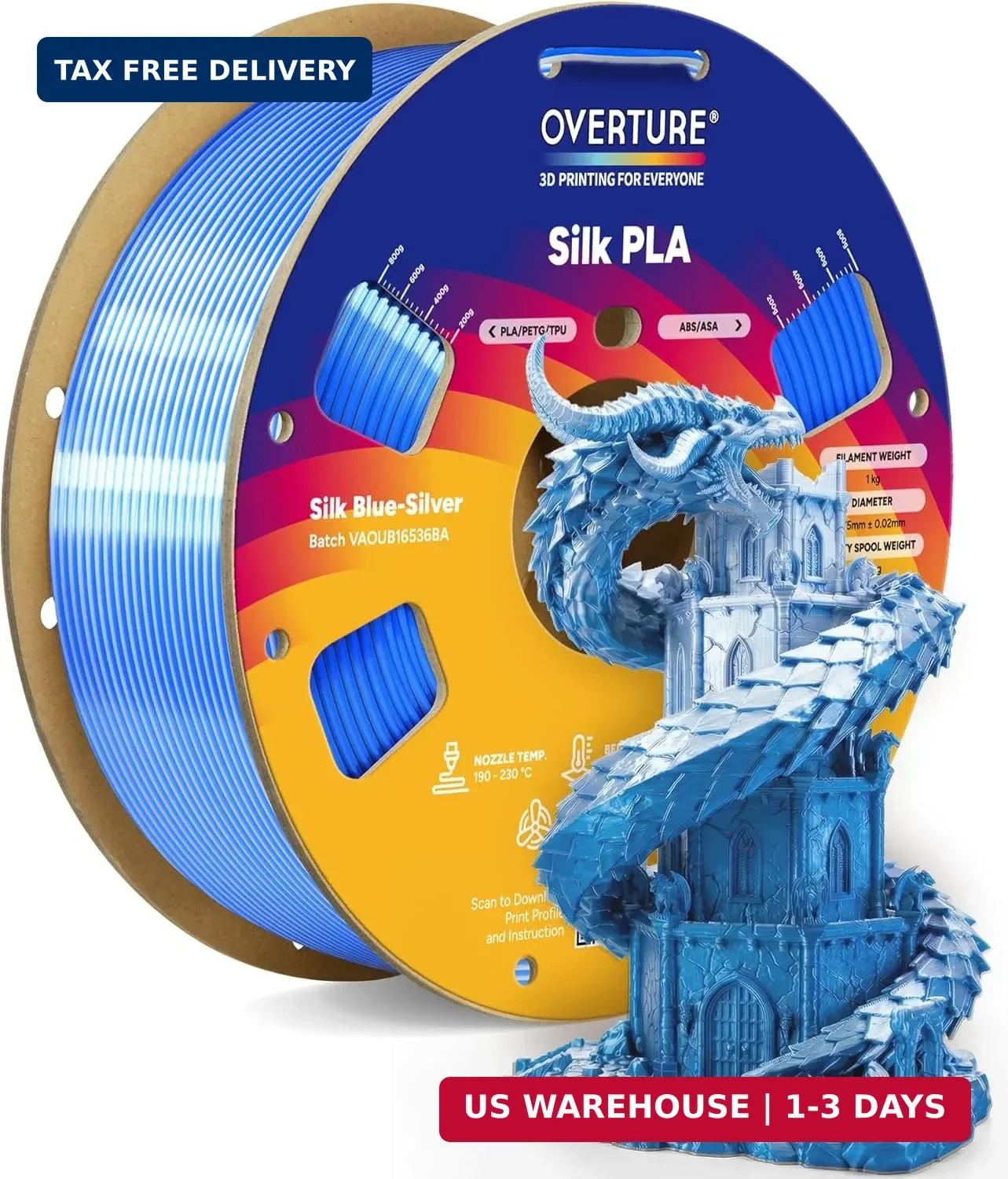 OVERTURE Silk PLA Dual Color Filament 1.75mm, Bi-Color Shiny PLA Finish, Smooth