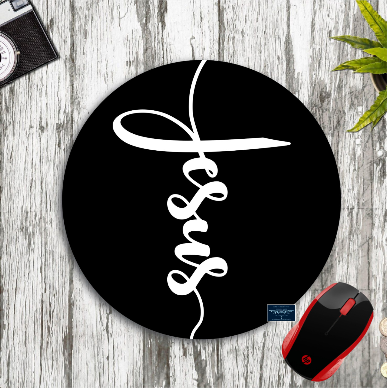JESUS CROSS LOGO CUSTOM ROUND MOUSE PAD DESK MAT BLACK WHITE RELIGIOUS GIFT