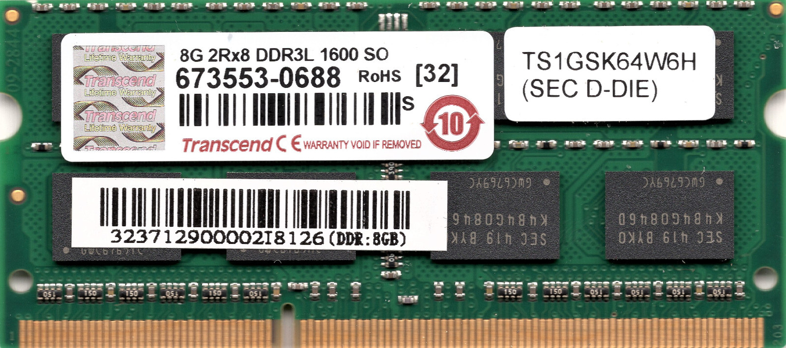 GETAC S400 G2 541385210116 8GB DDR3L SODIMM RAM PC3-12800 TAA, TS1GSK64W6H - NEW