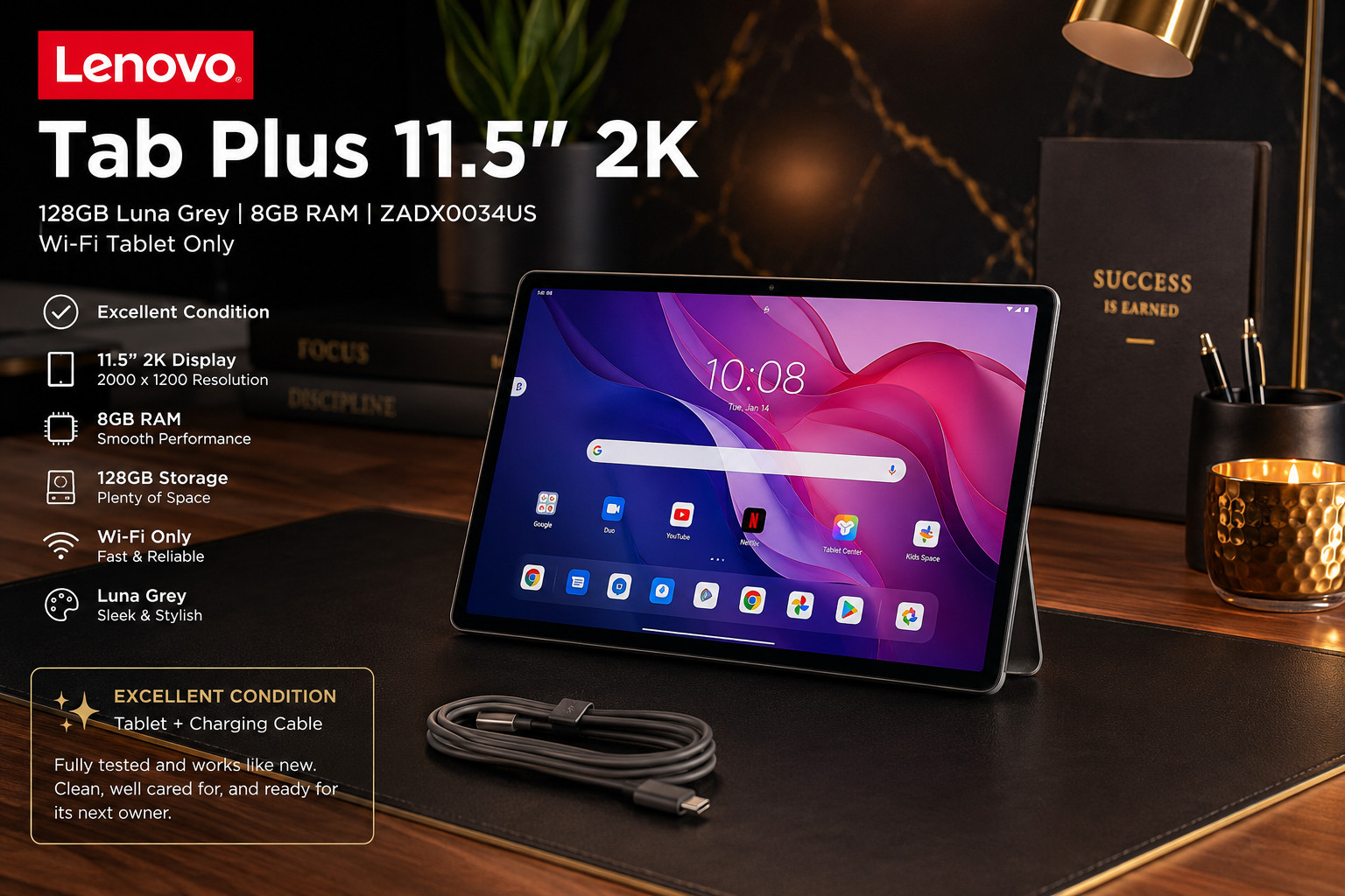 Lenovo Tab Plus 11.5" 2K 128GB Luna Grey 8GB RAM ZADX0034US Wi-Fi Tablet Only