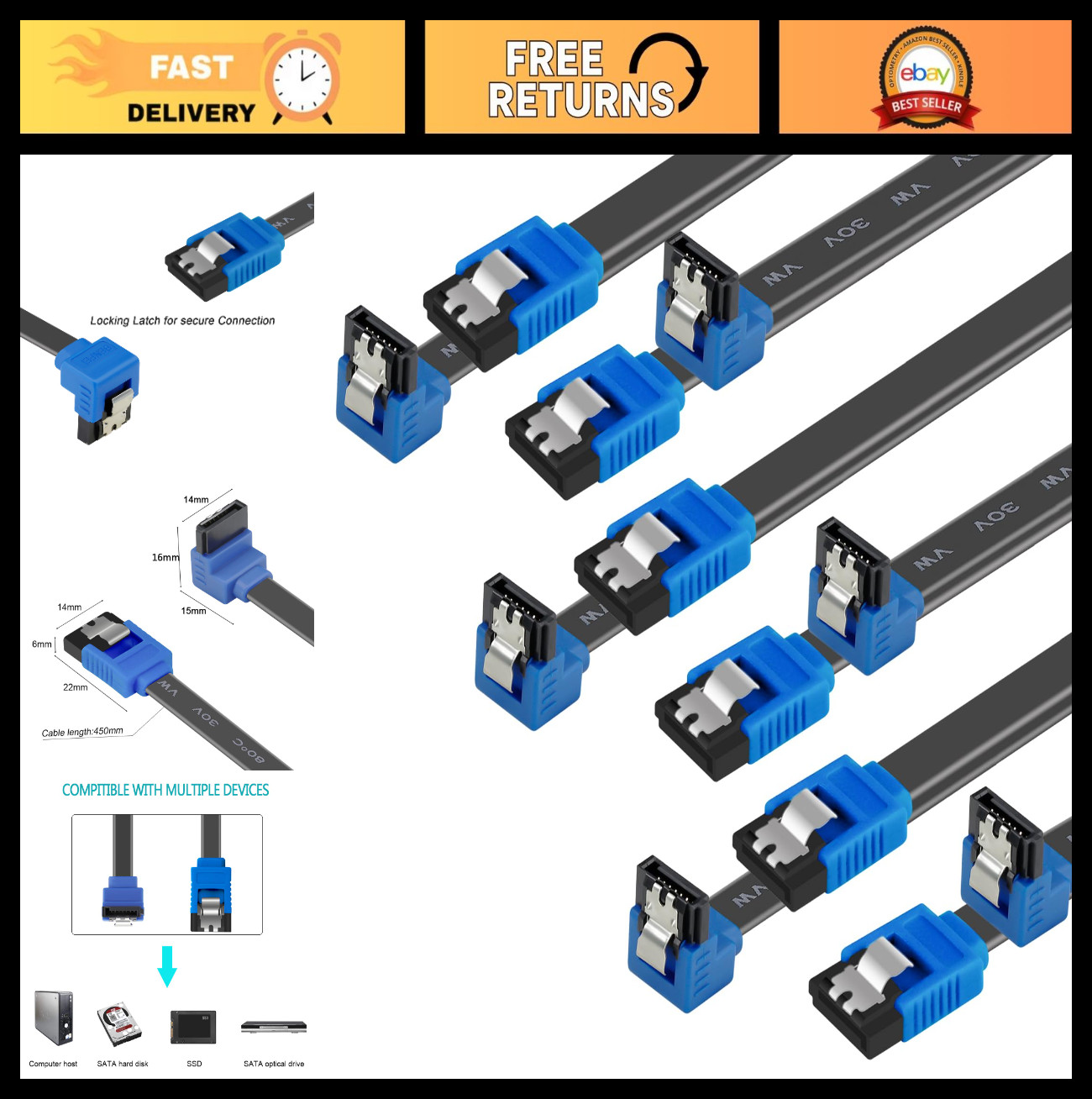 6 Pack SATA III Cable 90 Degree Right Angle 6Gbps Locking Latch 18 Inch for HDD