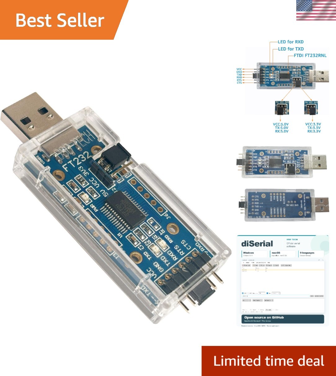 High-Speed USB to TTL Serial Adapter with FTDI Chip - Lightweight Design