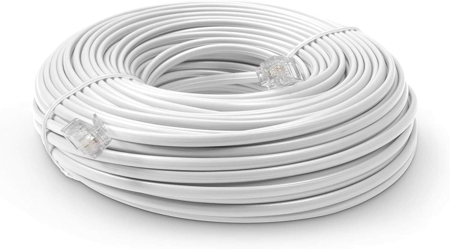 100 FT Feet Modular Phone Line Cord - High Quality 2 Conductor - White - 1 Pack