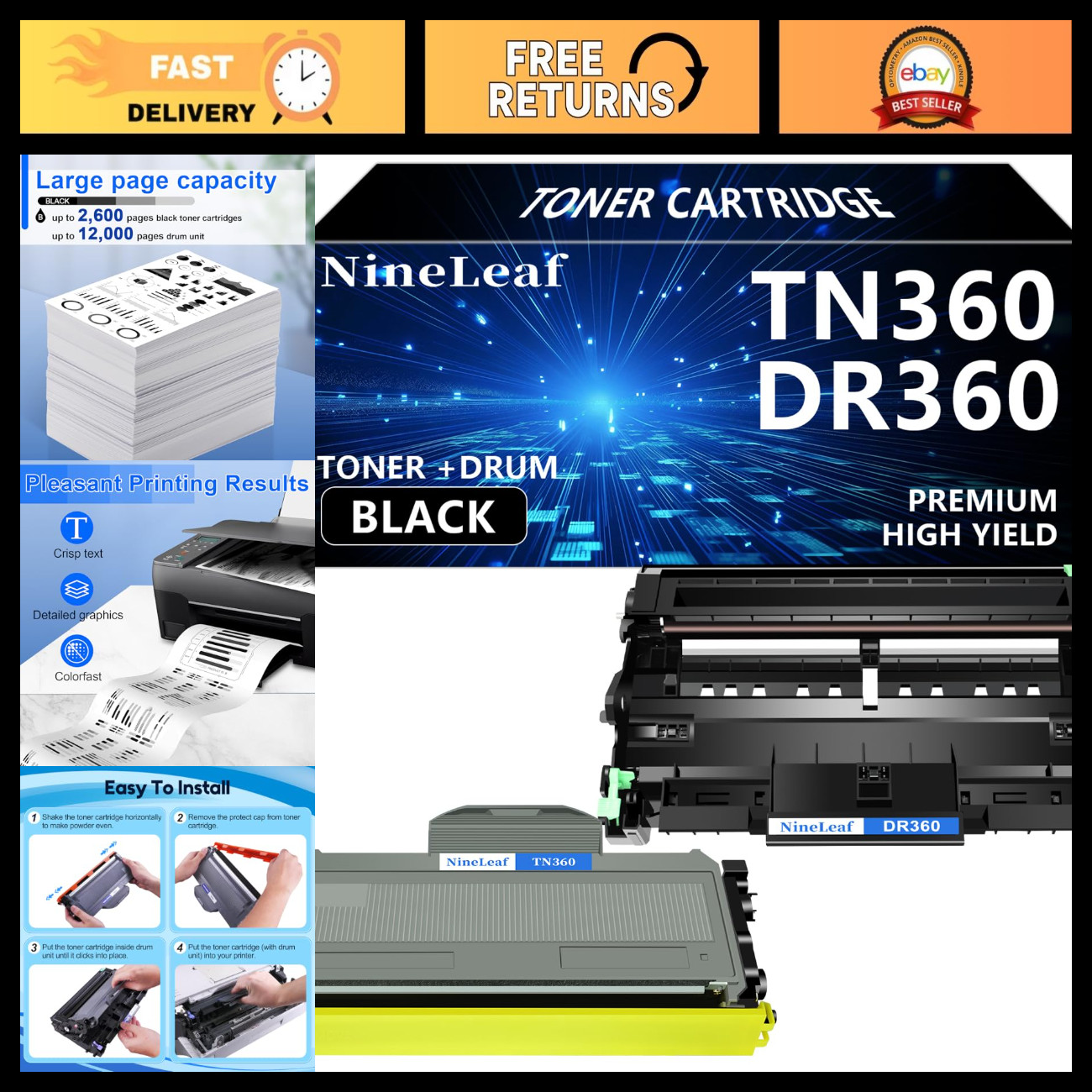 Replacement Toner & Drum Set for TN360 DR360 - Compatible with DCP HL MFC Printe