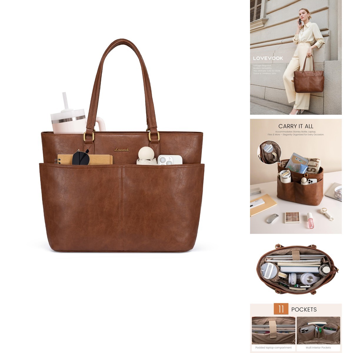 LOVEVOOK Work Tote Bag 15.6 Inch Laptop Bag Vintage Leather