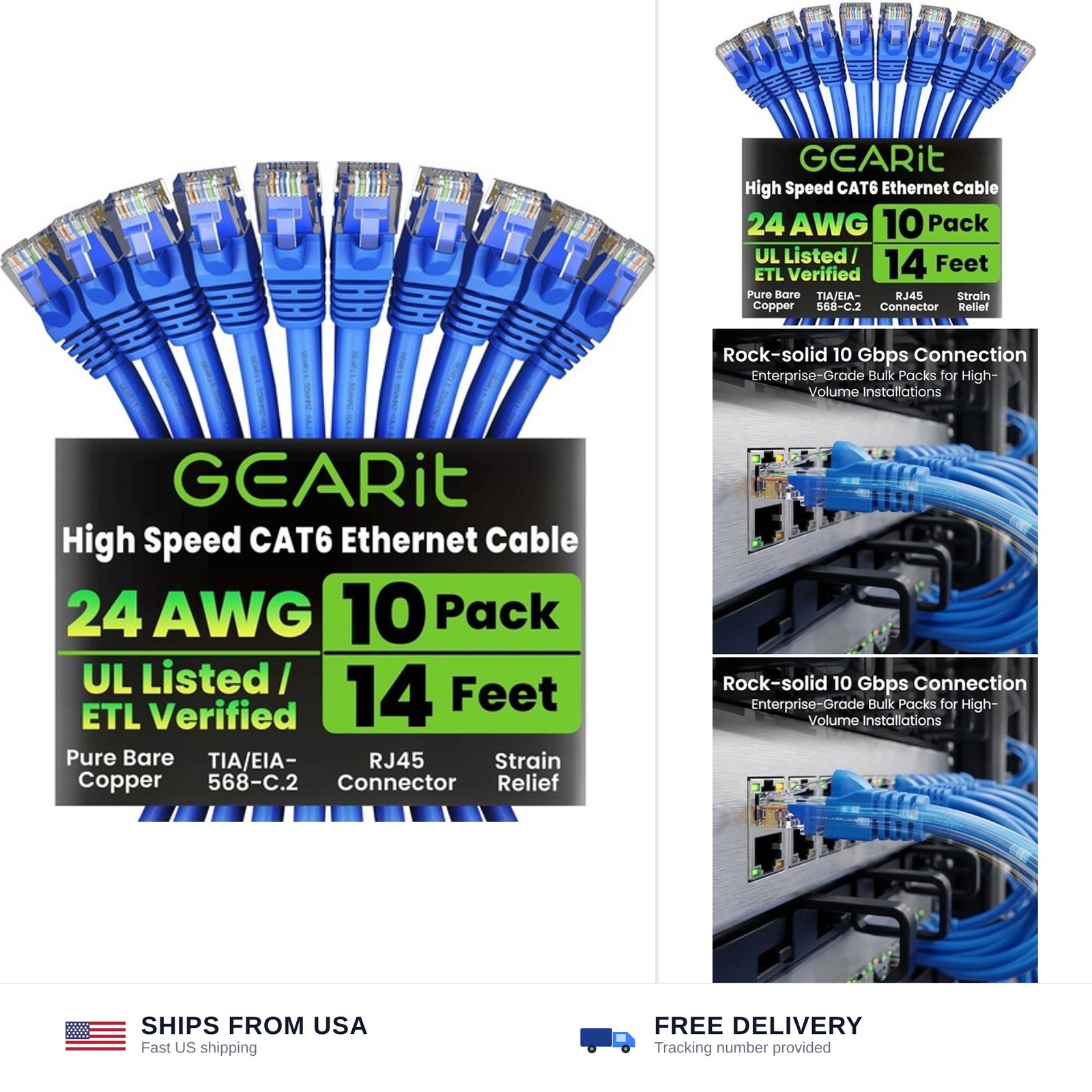 GEARit Cat 6 Ethernet Patch Cable 14 ft Blue (10 Pack) - Cat6 Patch Cables 14...