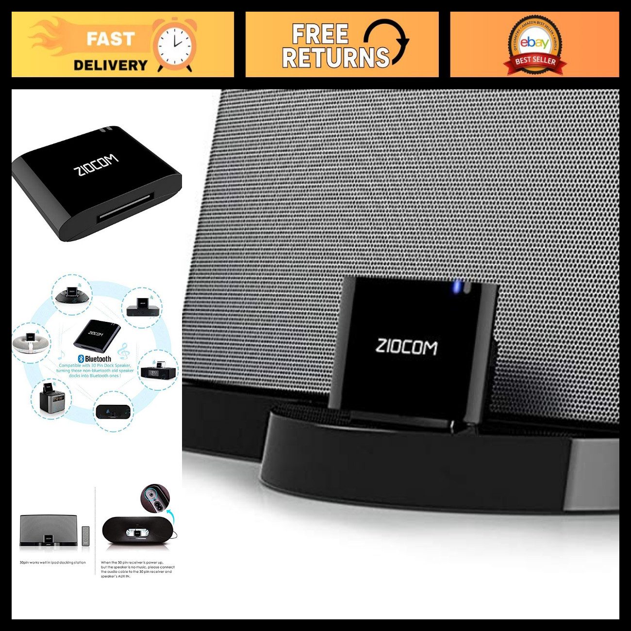 30 Pin Bluetooth Audio Receiver Adapter, Wireless Music Streaming, Home Use