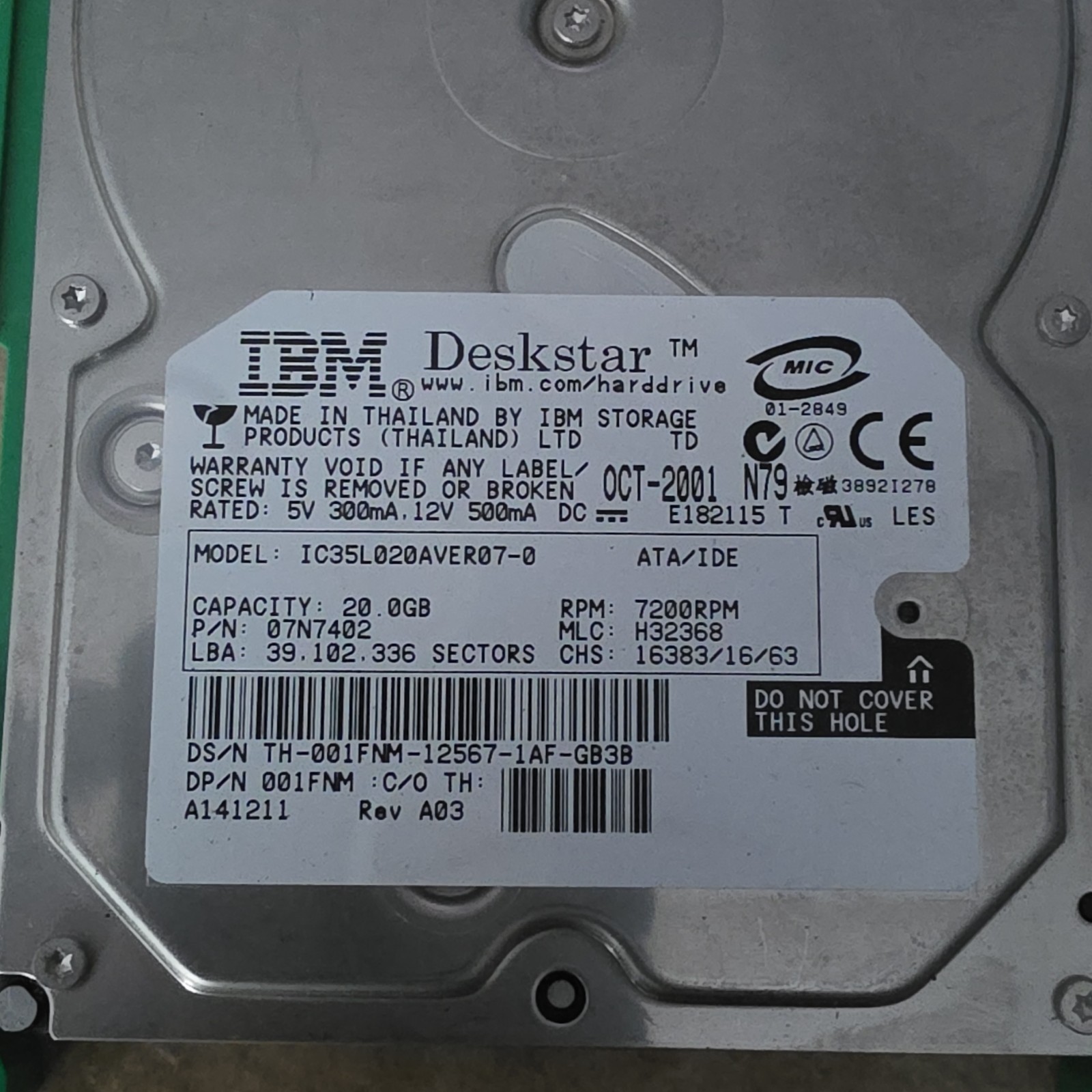 IBM Deskstar 20GB 7200RPM ATA/IDE 3.5in Internal HDD 2MB IC35L020AVER07-0