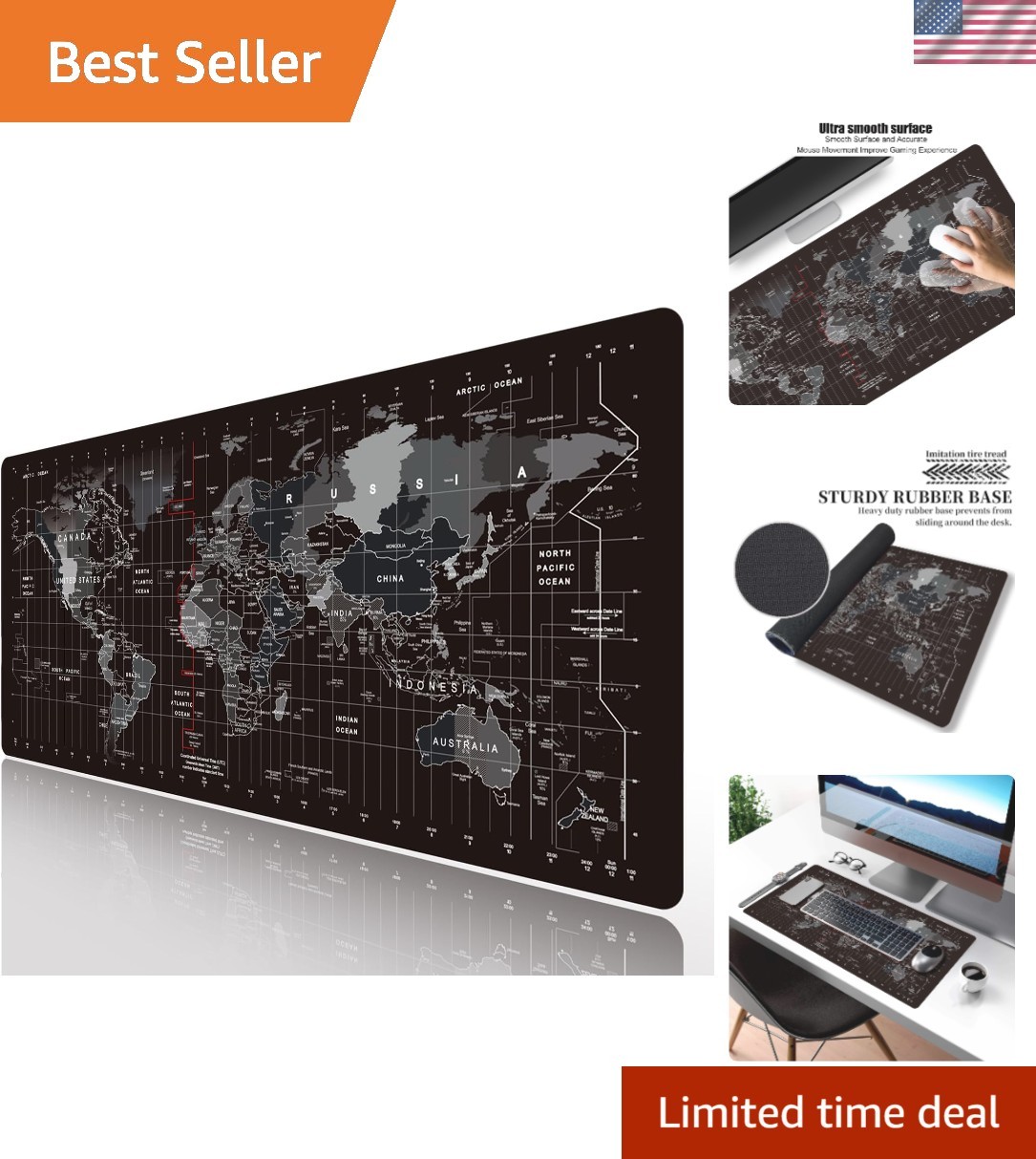 World Map Large Gaming Mouse Pad Extended XXL900x400X3MM Mouse Mat Long Desk ...