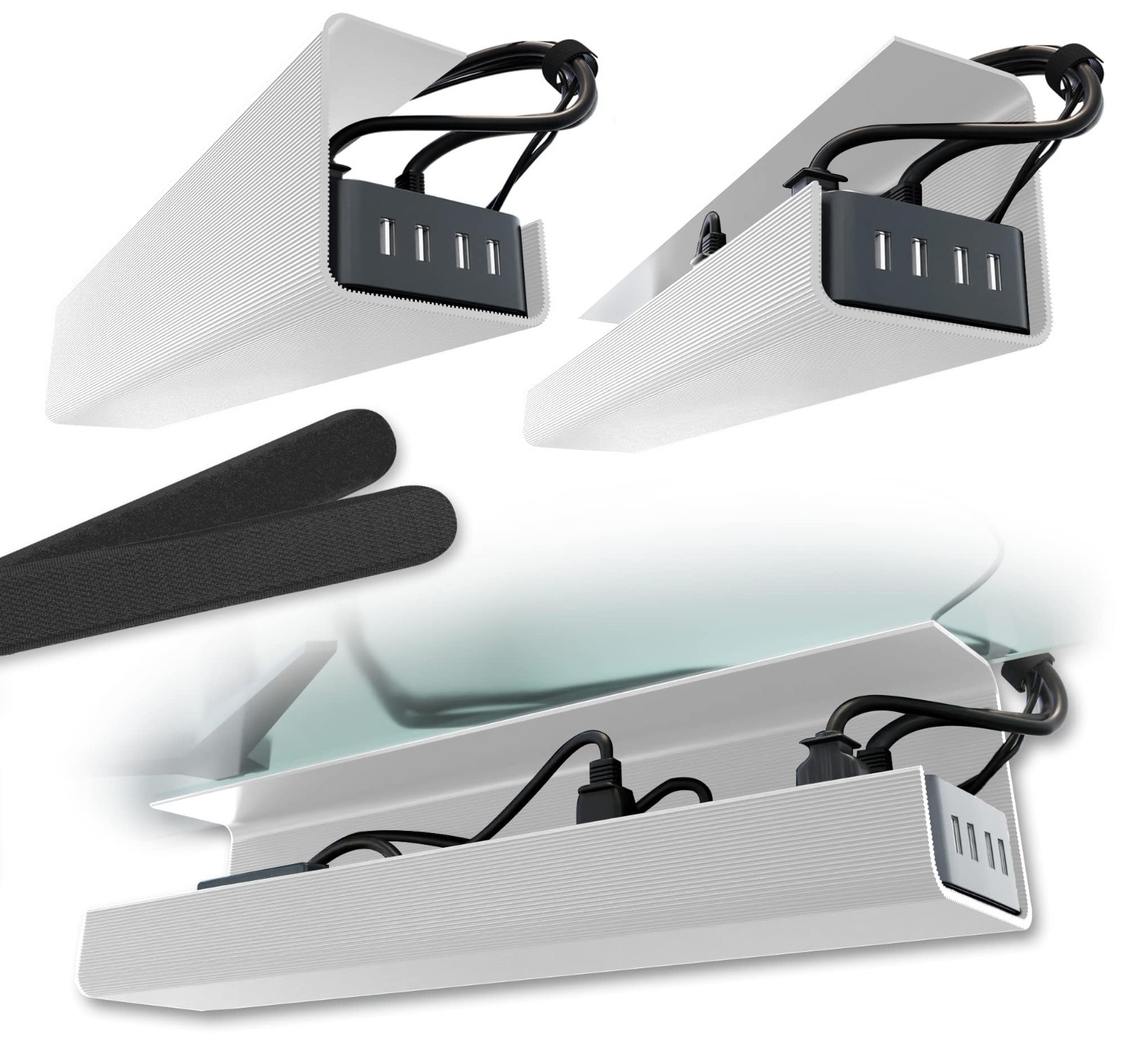 Under Desk Cable Management Tray 2-Pack 17in White Adhesive PVC Wire Organizer