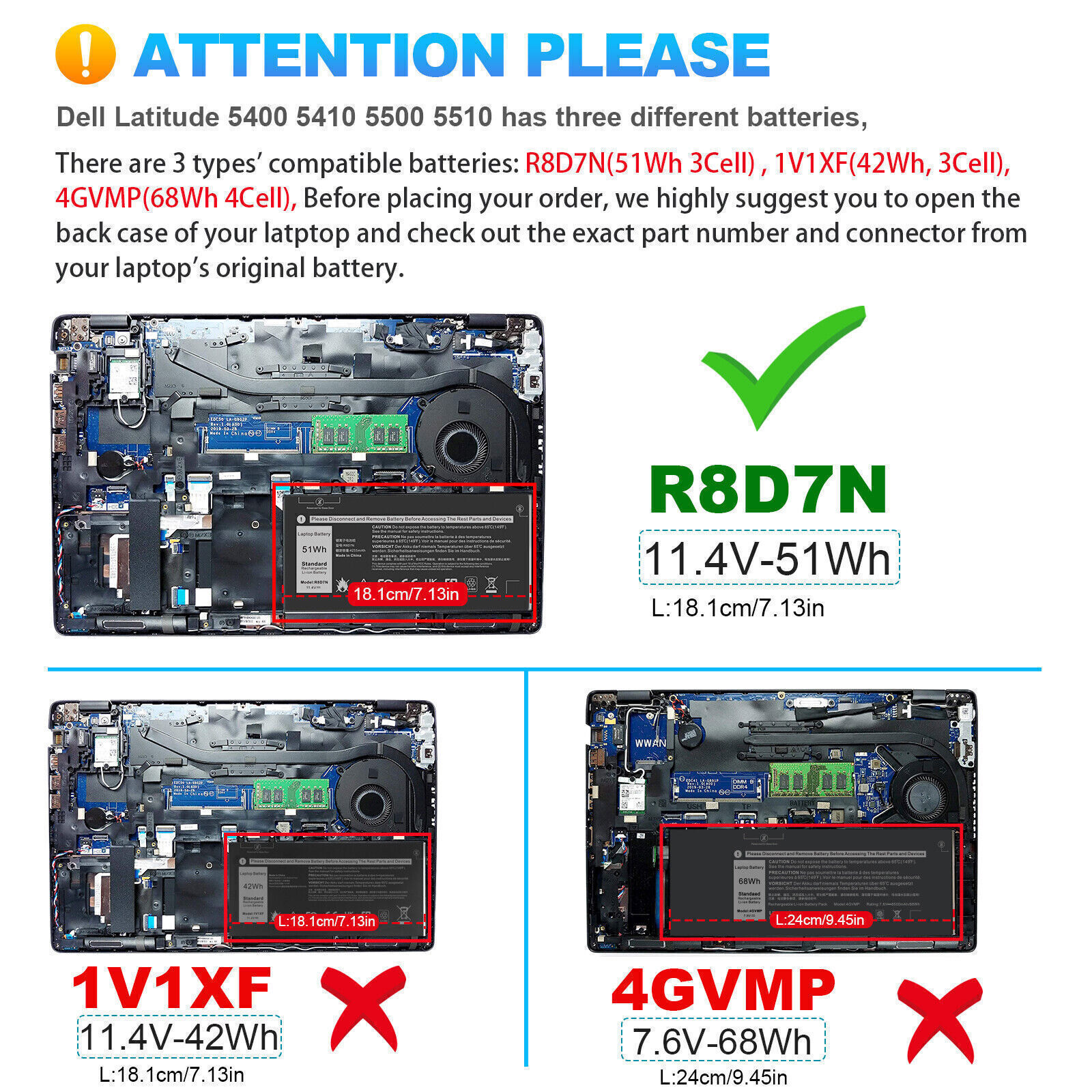 Lot 50X R8D7N Battery for Dell Precision 3540 3550 Latitude 5400 5500 5511 1V1XF