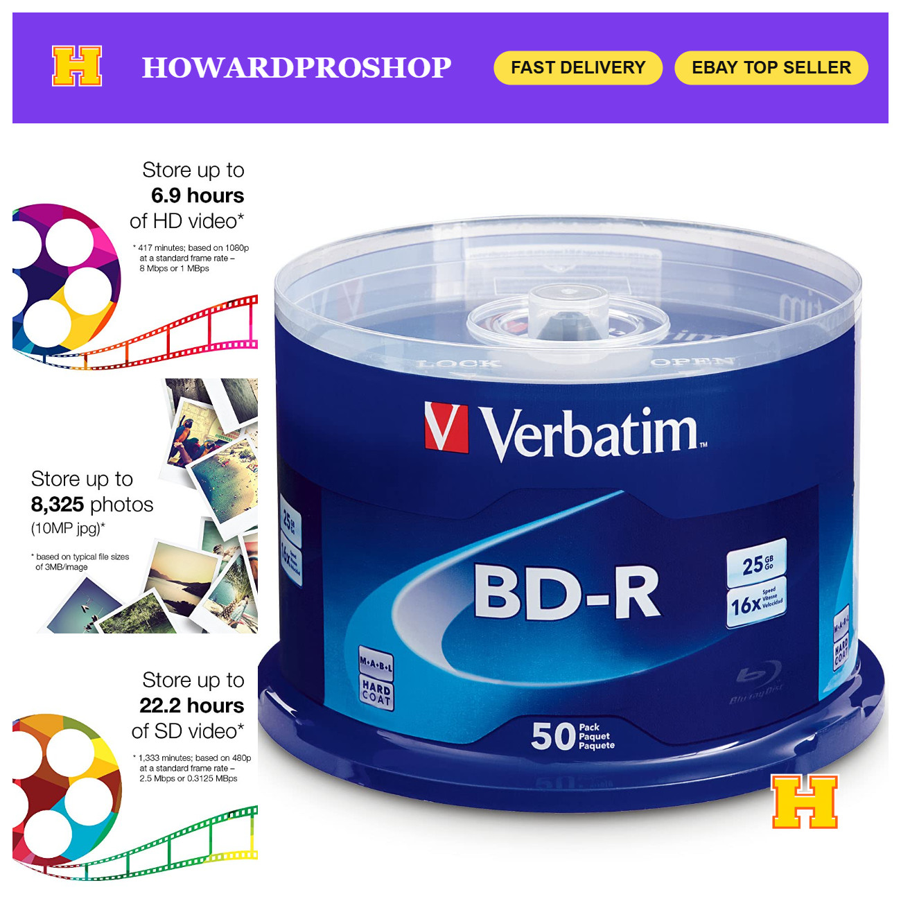 25GB 16X Blu-ray BD-R Blank Discs - Recordable Single Layer - 50 Pack