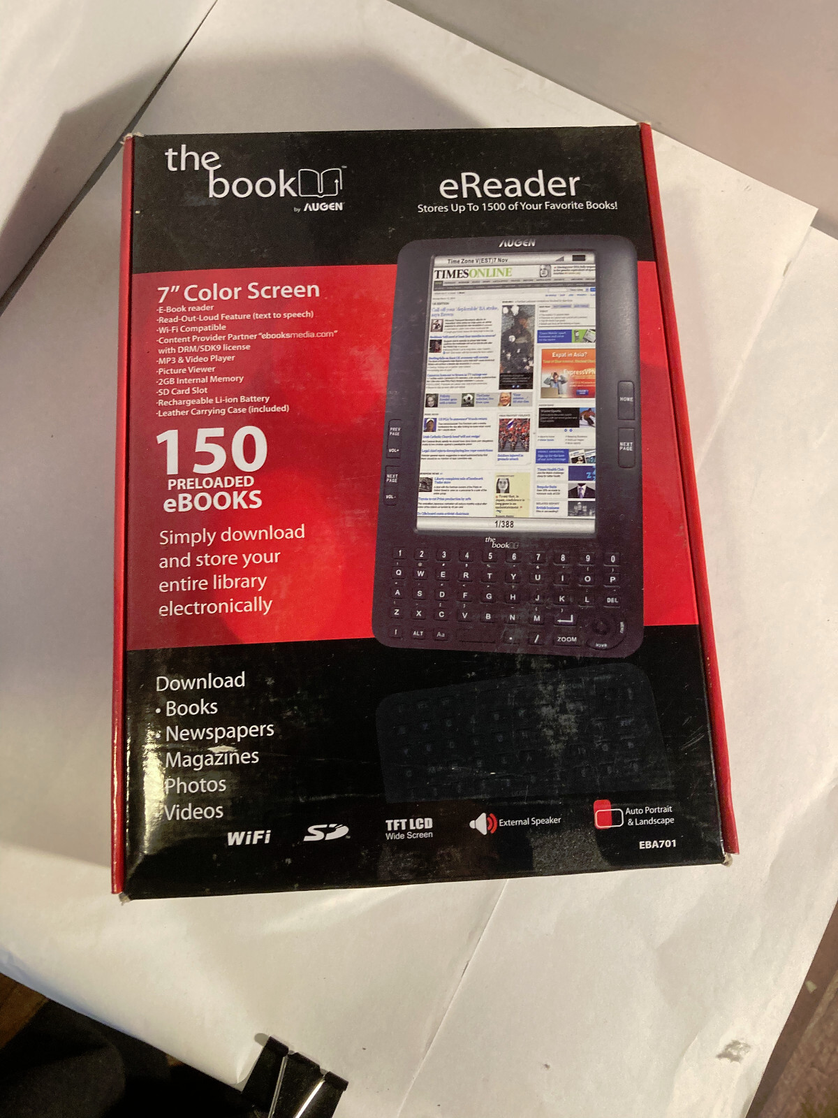 Augen The Book eReader 2GB Wi-Fi, 7"  With Case Augen External Speaker open box