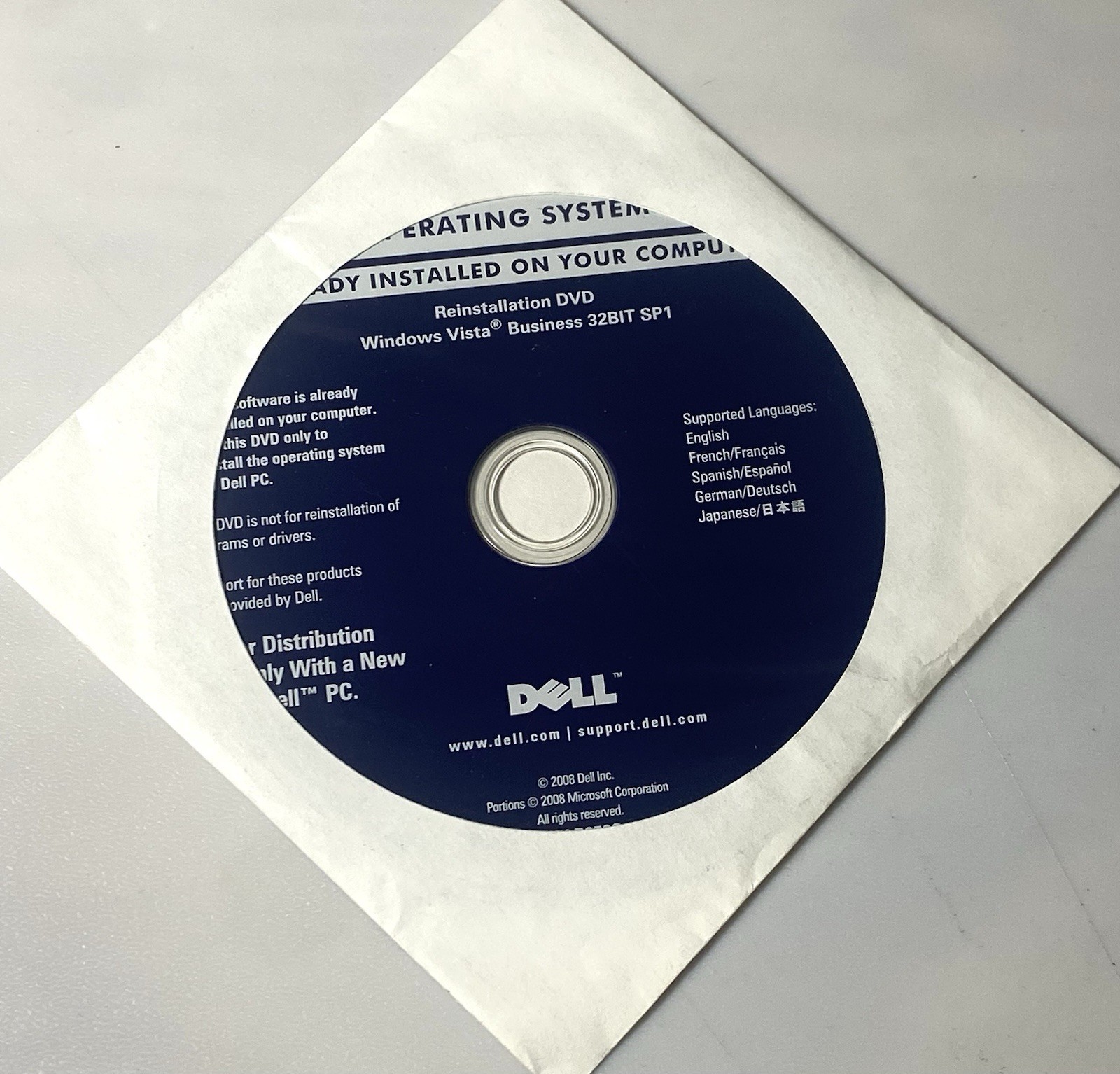 New Dell Windows Vista Business 32Bit SP1 Reinstallation DVD 0J229H (No Key)