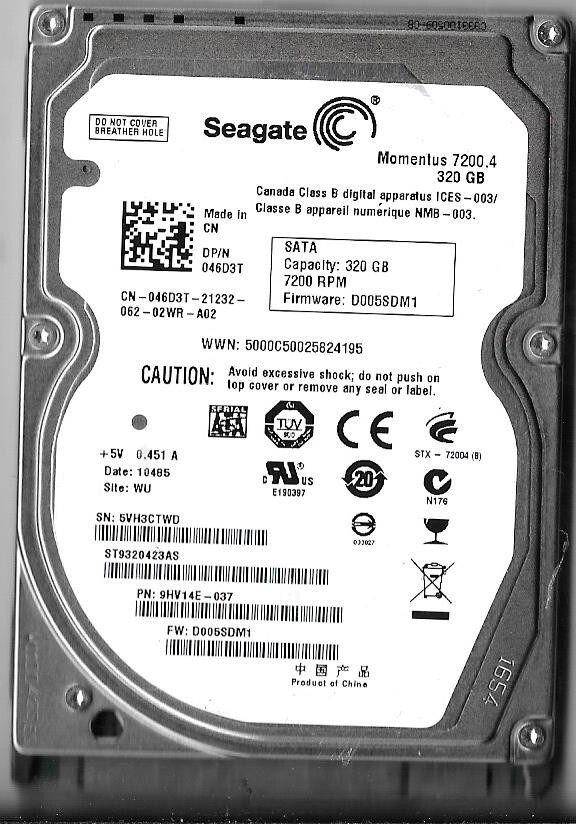 Seagate ST9320423AS 320GB Sata Hard Drive P/N: 9HV14E-037 F/W: D005SDM1  5VH  WU