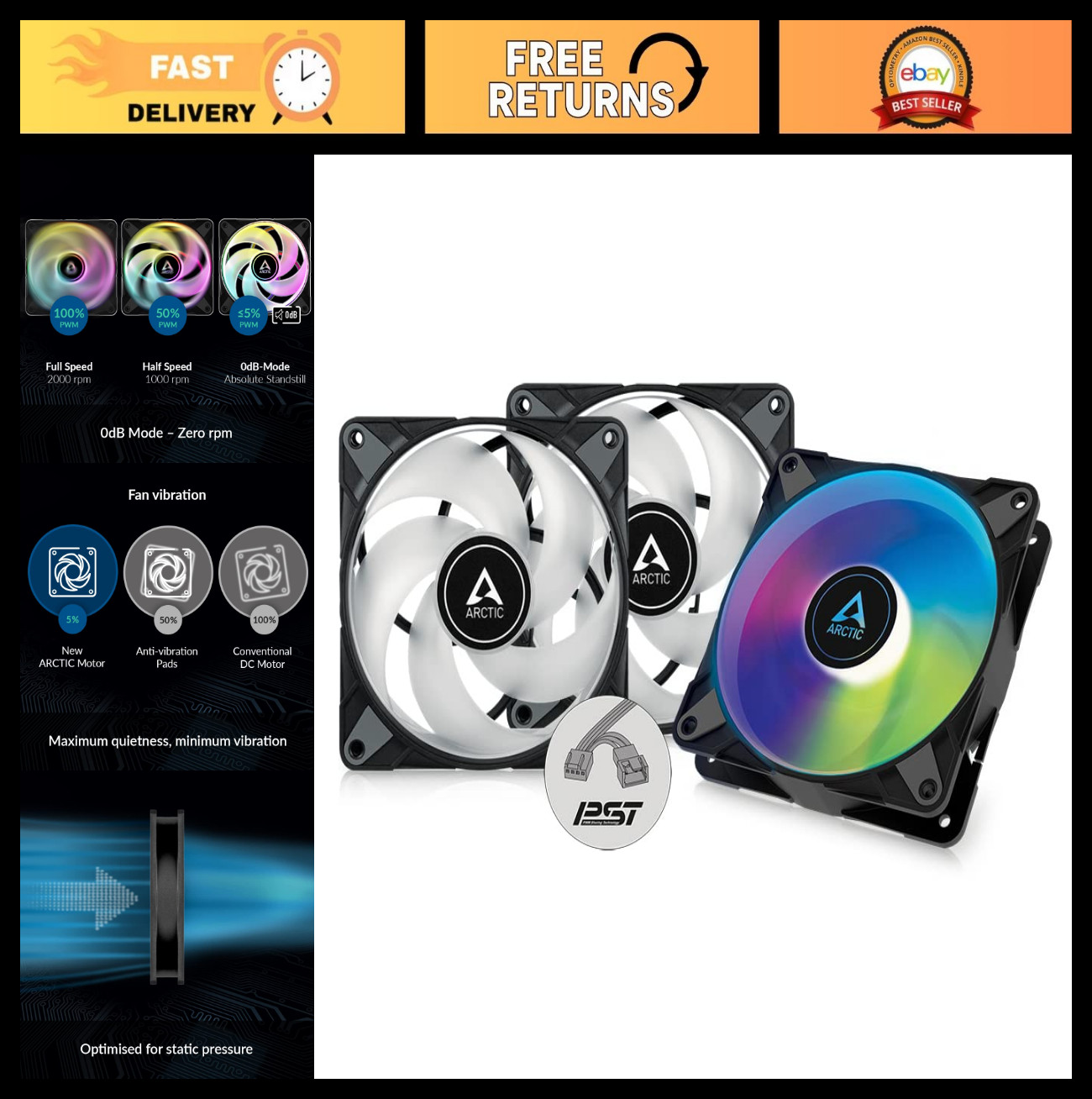 120mm PWM Case Fans (3 Pack) - A-RGB, High Static Pressure, 2000 RPM, 5V 3 Pin L