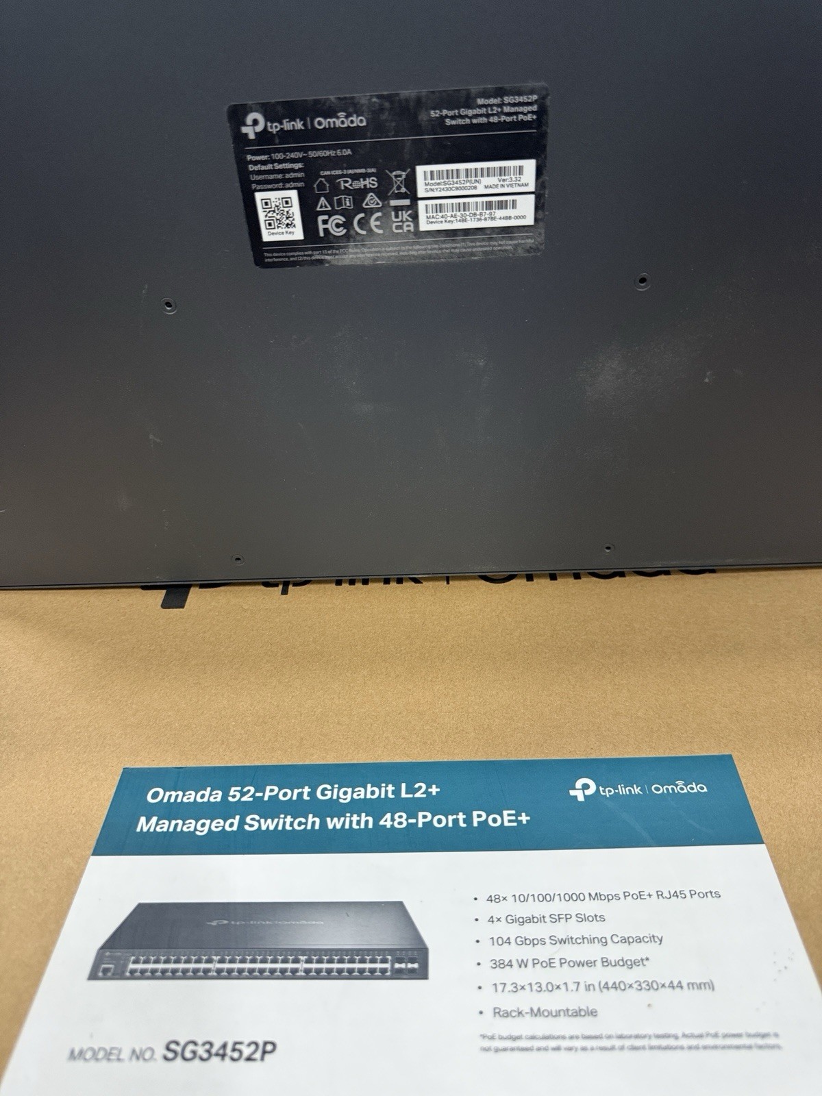 TP-LINK JetStream TL-SG3452P 52 port with 48 ethernet PoE+ switch inc VAT