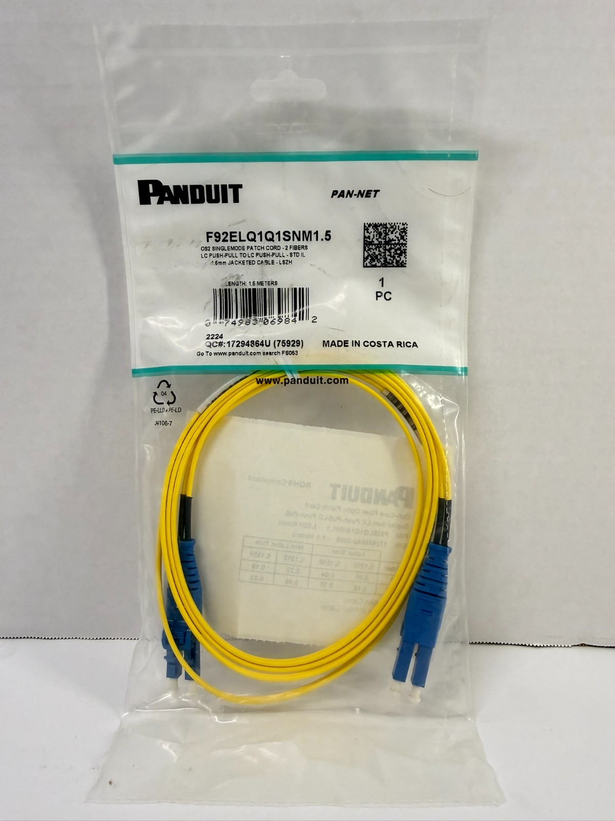 Panduit F92ELQ1Q1SNM1.5 OS2 Singlemode Fiber Patch Cable LC-LC Duplex 1.5M