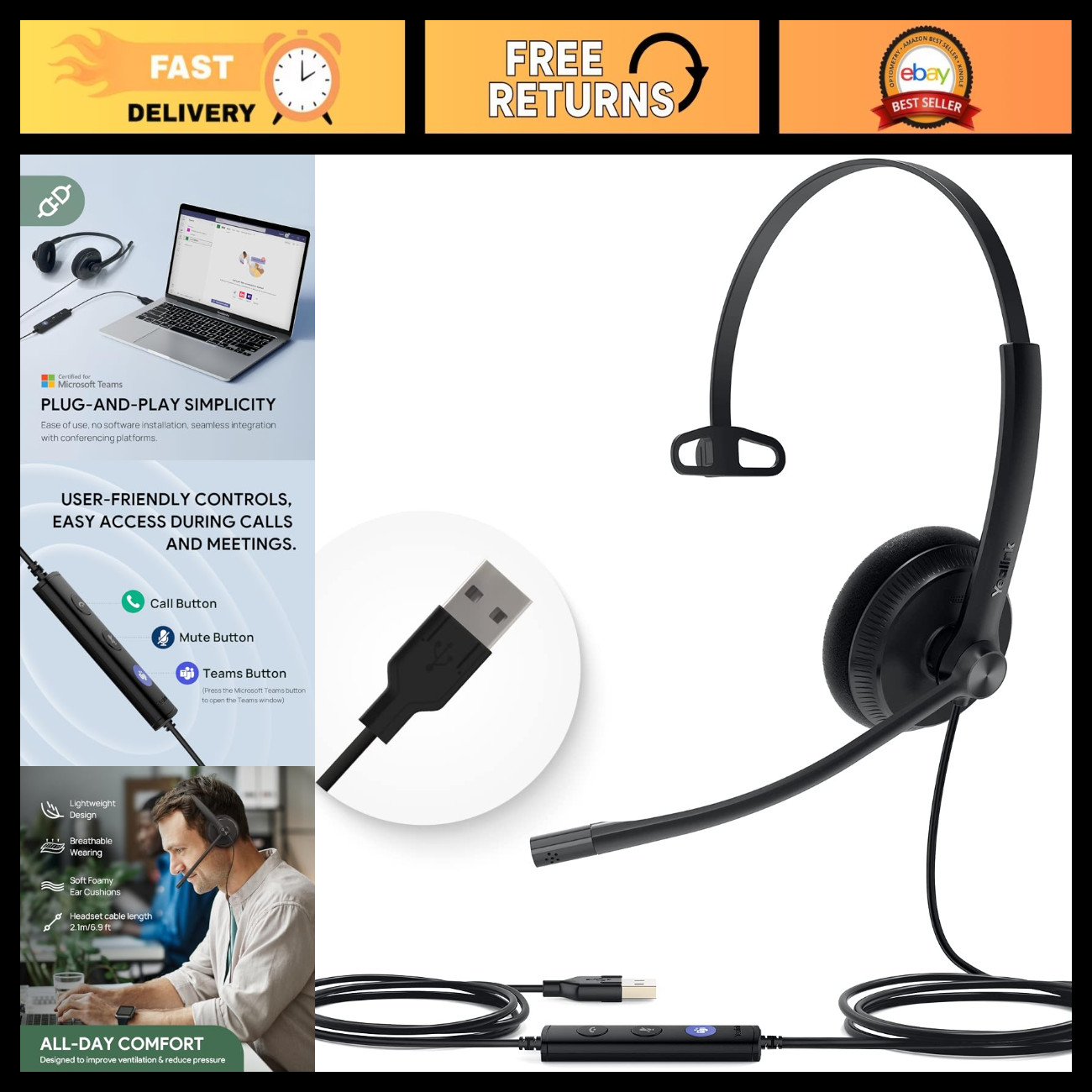 Wired USB-A Headset with Noise Canceling Mic & In-Line Controls, UH34 Lite
