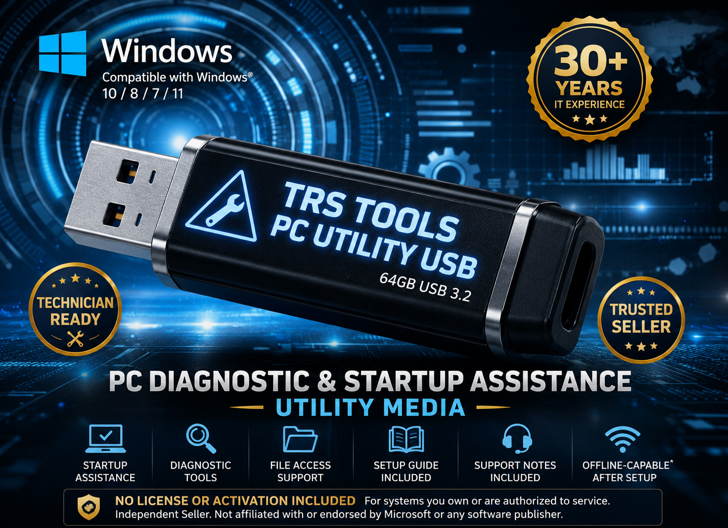 TRS Tools 64GB USB 3.2 Bootable PC Utility Diagnostics Startup File Access
