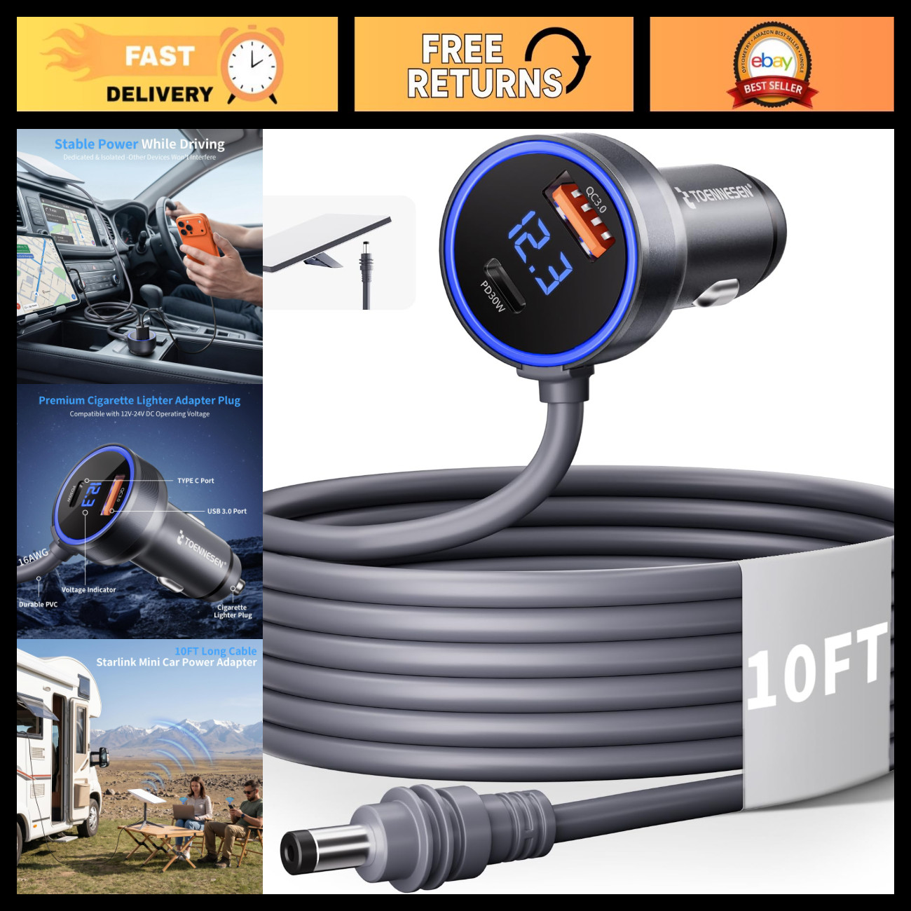 10FT DC Power Cable Mini Car Adapter, Durable 16AWG for Reliable Charging