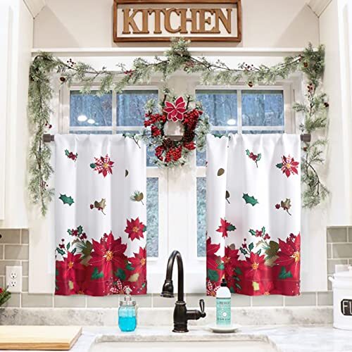 Christmas Curtains 36 Inch Length for Kitchen Window Set of 2 Pack 26"x36" Red