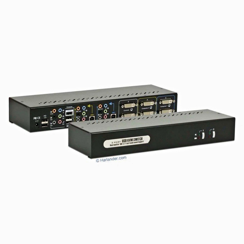 2-Port USB KVM Switch Box Dual Monitor DVI 3.5mm Audio Powered Black 1m