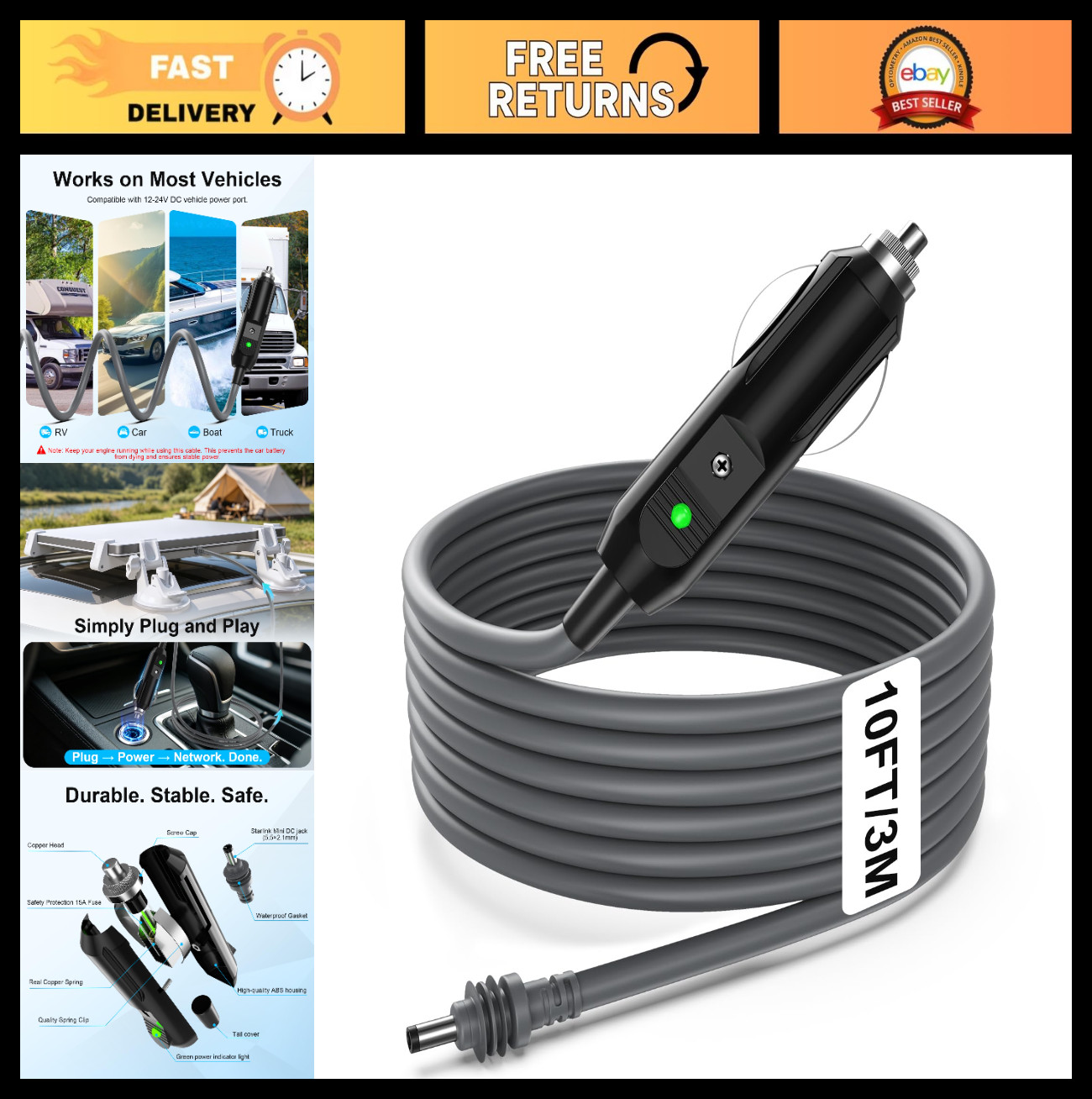 10FT Waterproof DC Cable 18AWG for RV Car Truck Bus - 12V-24V Cigarette Lighter