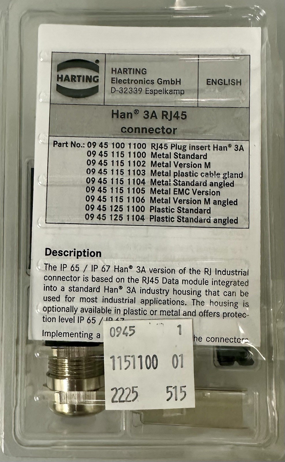 HARTING 09451511100 Han 3a RJ45 ETHERNET CONNECTOR, D-32339 NIB