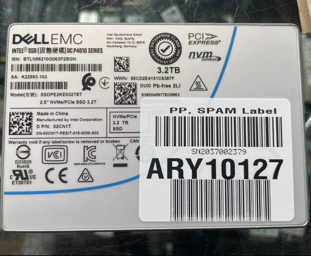 INTEL 3.2TB SSD U2 P4610 DELL EMC 02CN1T Solid State Drive SSDPE2KE032T8T NVME-