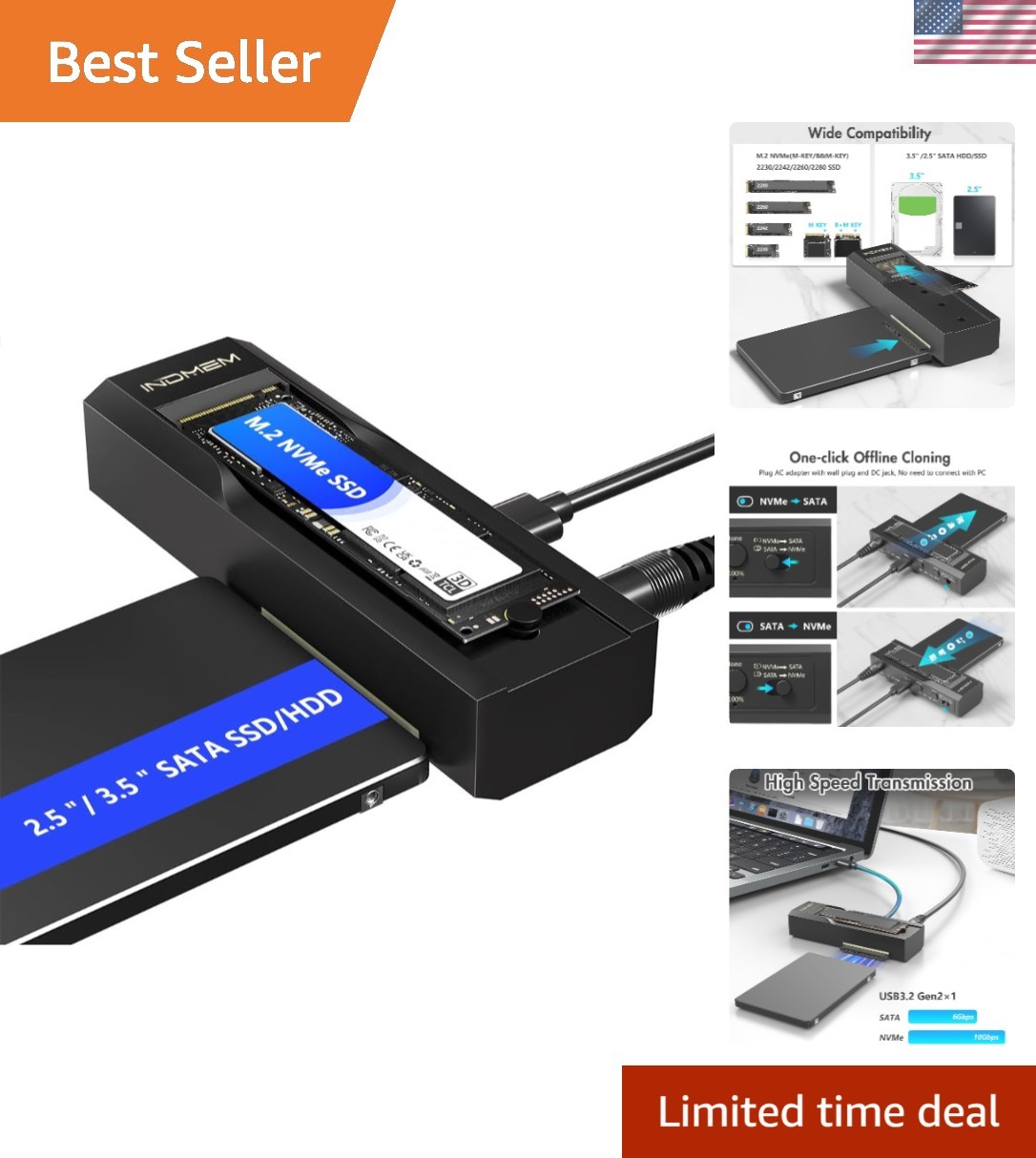M.2 NVMe SSD Enclosure Adapter, 10Gbps SATA & M.2. NVMe Dual Bay Offline Clon...