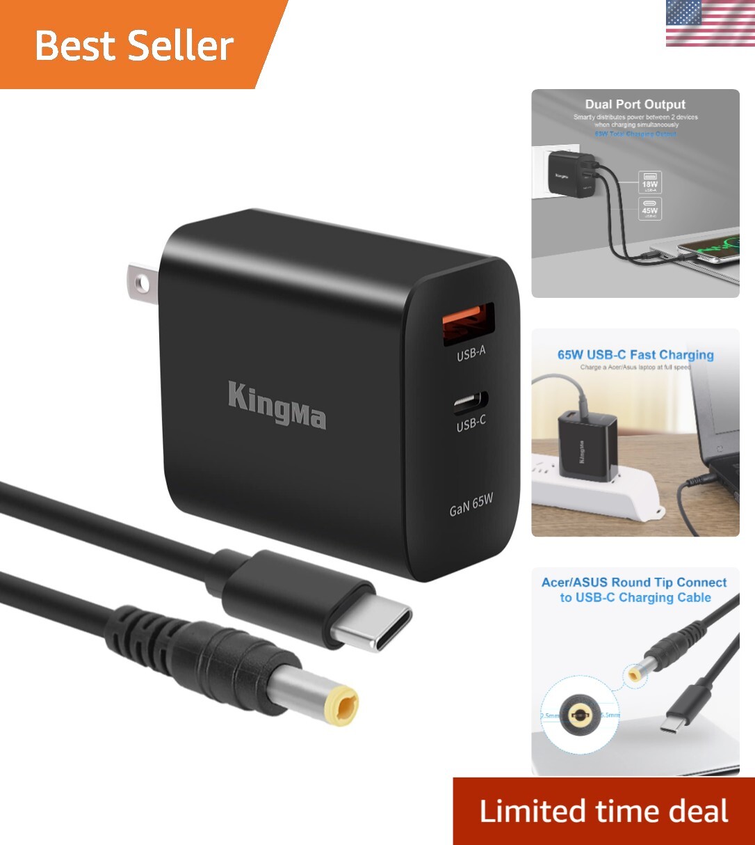 Lightweight 65W GaN Laptop Charger with Fast USB-C Cable - Multi-Device Support