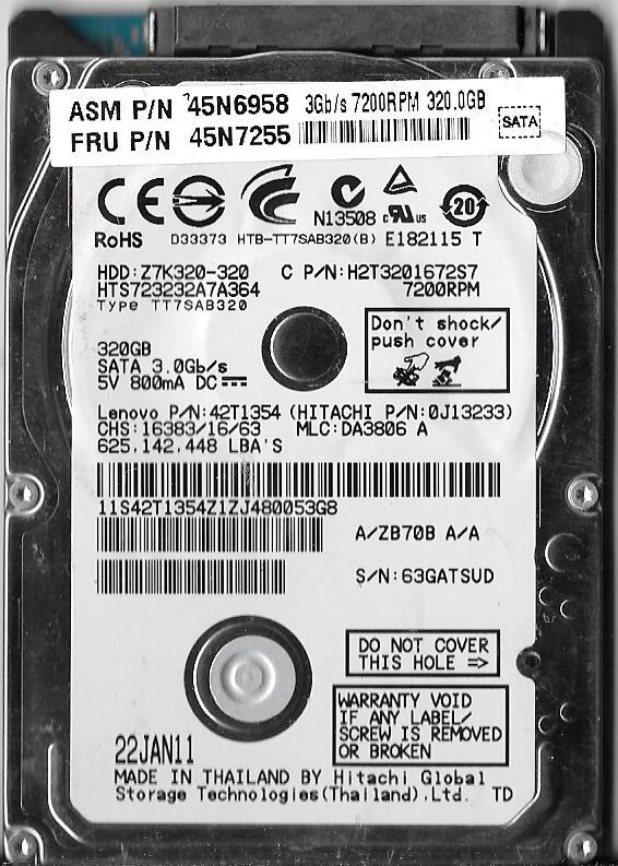 Hitachi HTS723232A7A364 320GB Sata Hard Drive P/N: 0J13233 MLC: DA3806