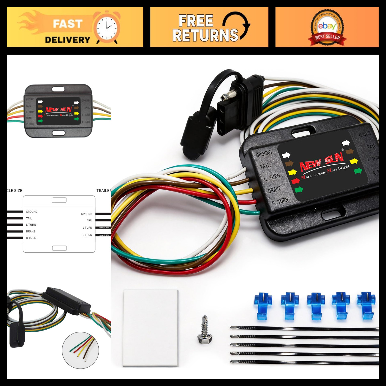 80" 3 to 2-Way Tail Light Converter Cable, 100% Copper Wire Harness, Heavy Duty