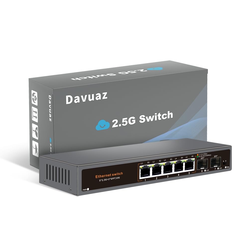 7Port 2.5G Unmanaged Ethernet Switch 5x 2.5G RJ45 & 2x 10G SFP+ Uplink Metal