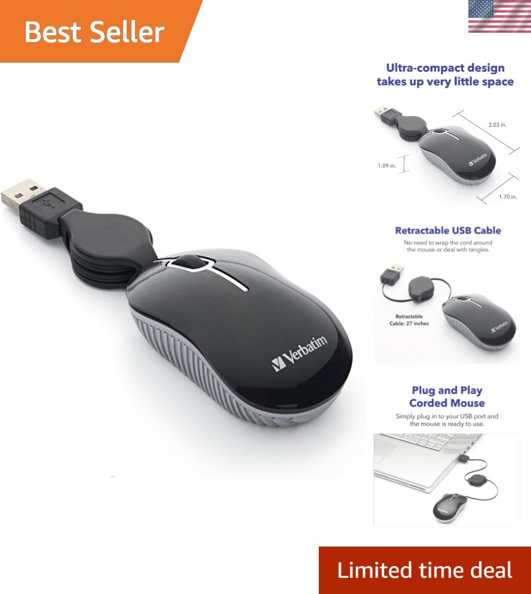 Mini Travel Optical Mouse, USB, Retractable Cable, Black