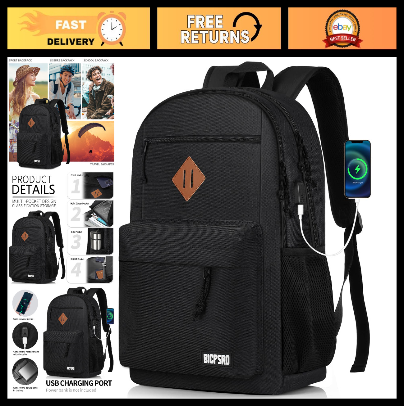 Lightweight School Backpack for Teens, 15.6" Laptop Bookbag with USB Charger, Bl