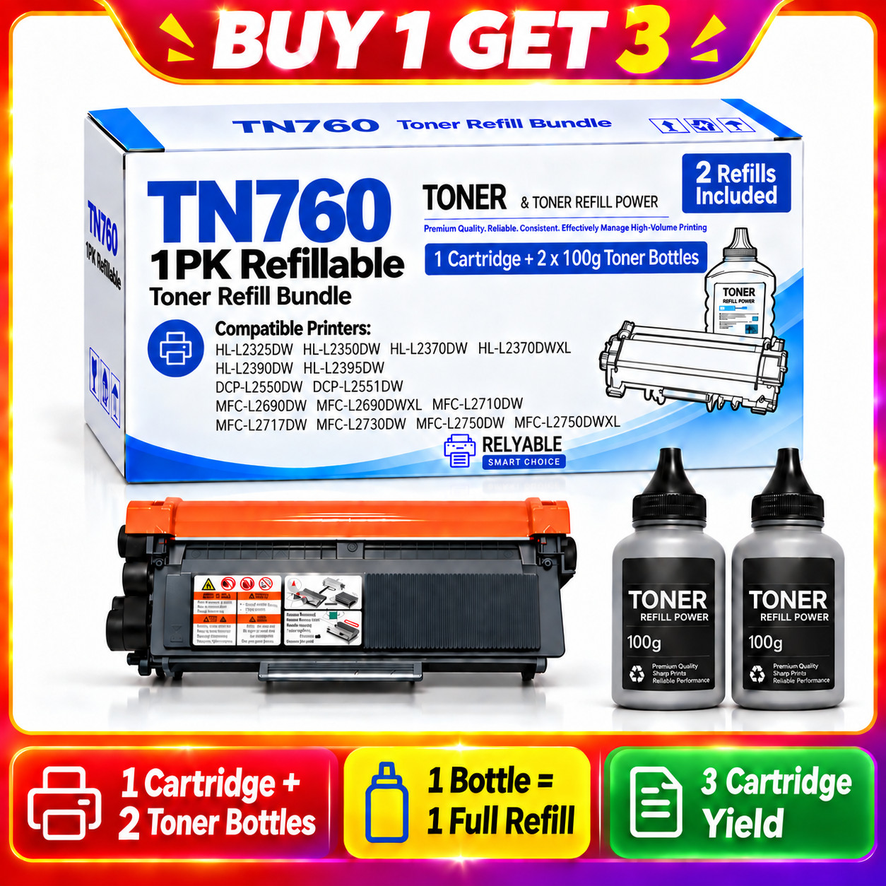 Compatible TN760 Toner Cartridge +2 Refill Bottles 3X Yield for HL-L2325DW L2350